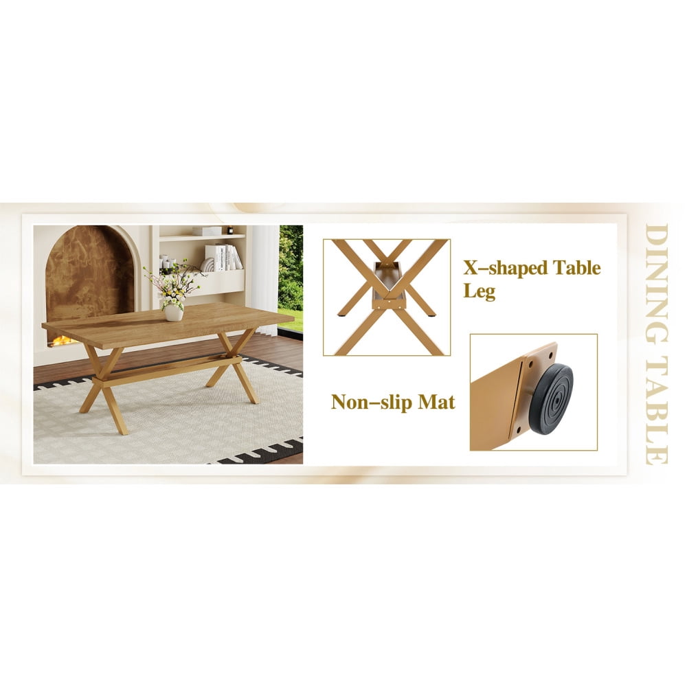 Modern 71 Wood Dining Table, Light Wood Grain MDF Top with X-Shaped Metal Legs, Seats 6-8 People, for Kitchen & Dining Room