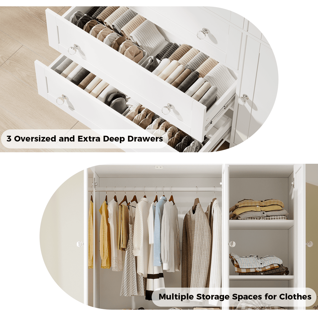 Richya Wardrobe Closet Armoire Storage Cabinet 3 Doors with Hanging Rod for Hanging Clothes Bedroom Large Capacity Tall Freestanding Armoire Organizer with Shelves particle board