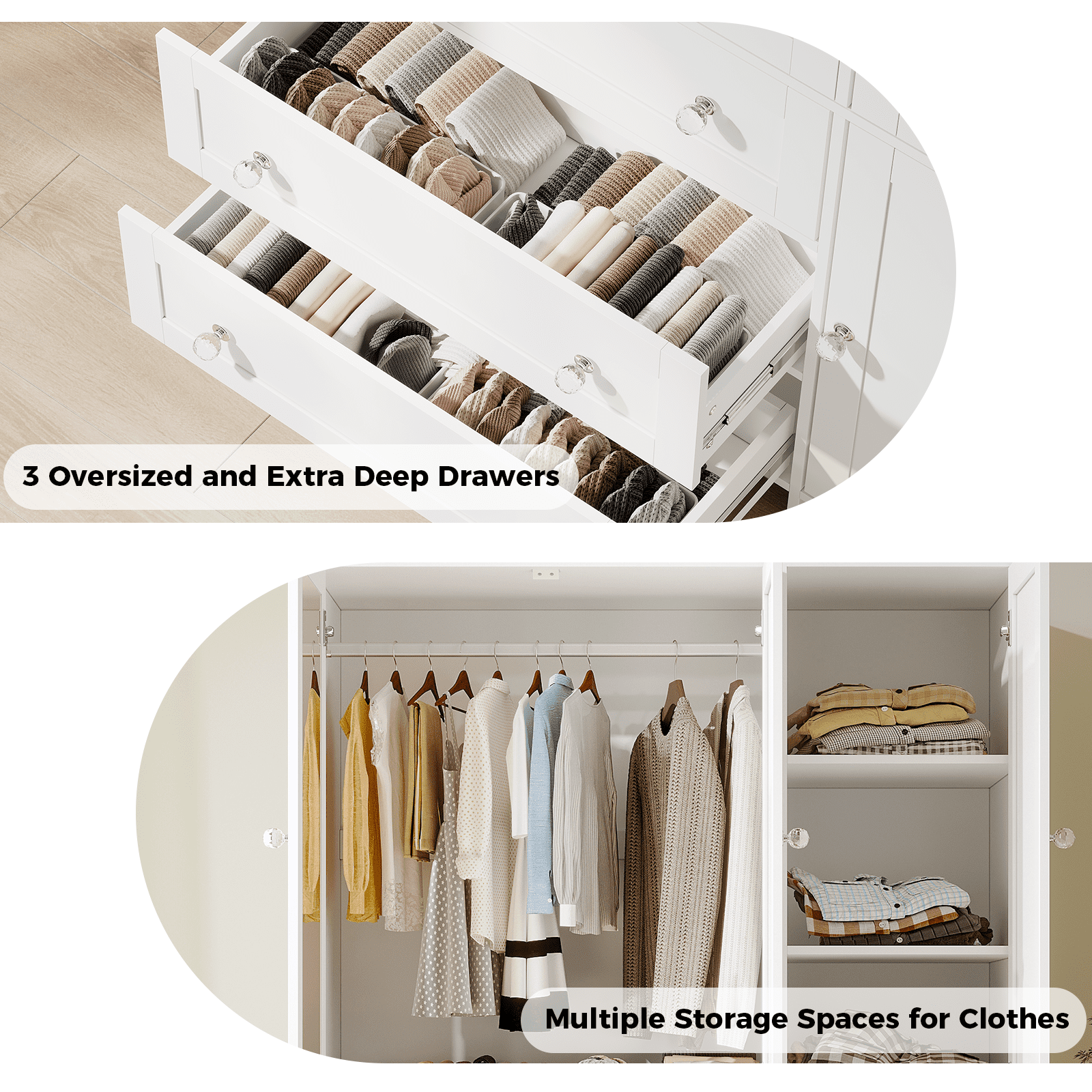 Richya Wardrobe Closet Armoire Storage Cabinet 3 Doors with Hanging Rod for Hanging Clothes Bedroom Large Capacity Tall Freestanding Armoire Organizer with Shelves particle board