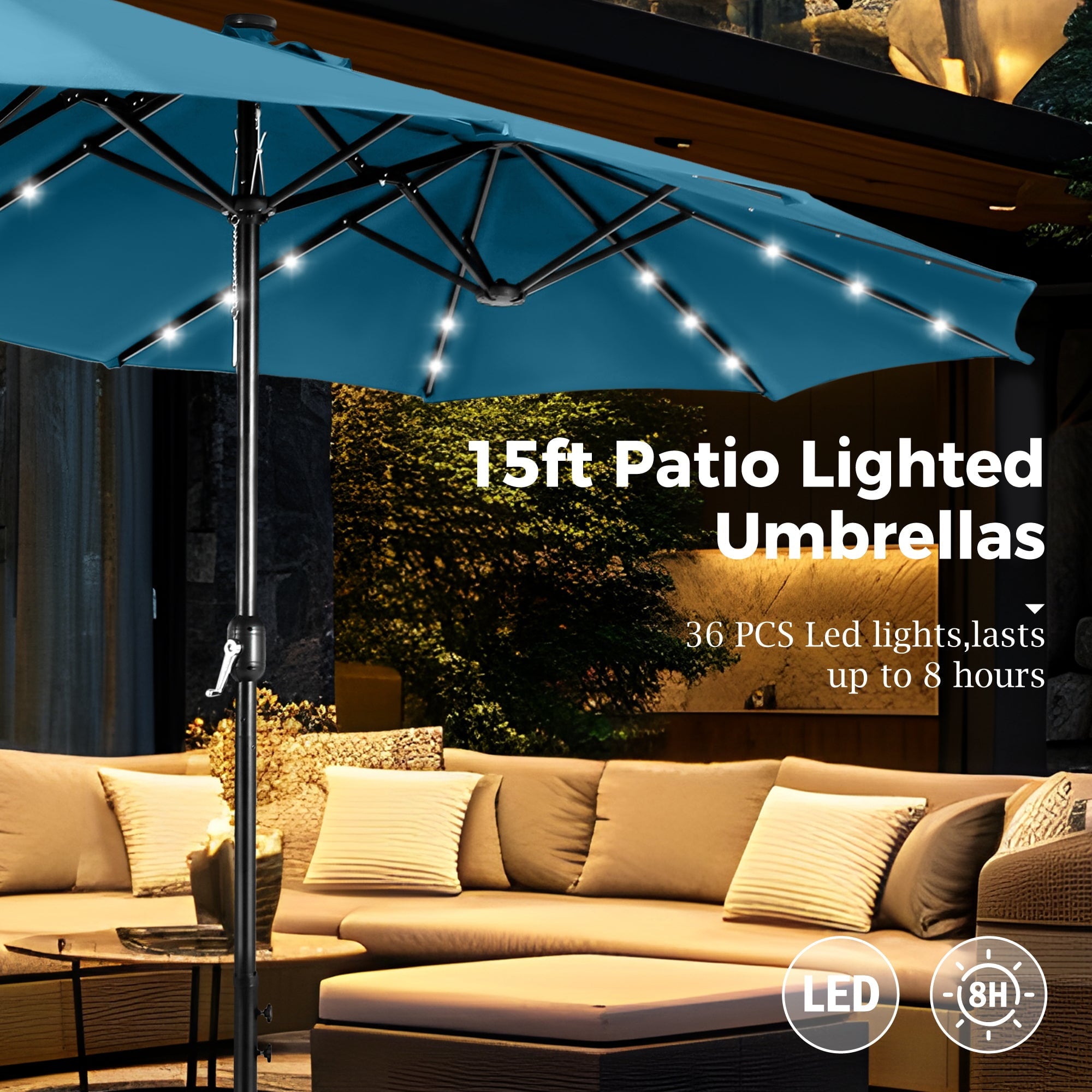 Alpha Joy 15ft Extra Large Outdoor Patio Double-Sided Umbrella with LED Solar Lights & Umbrella Base, Beige