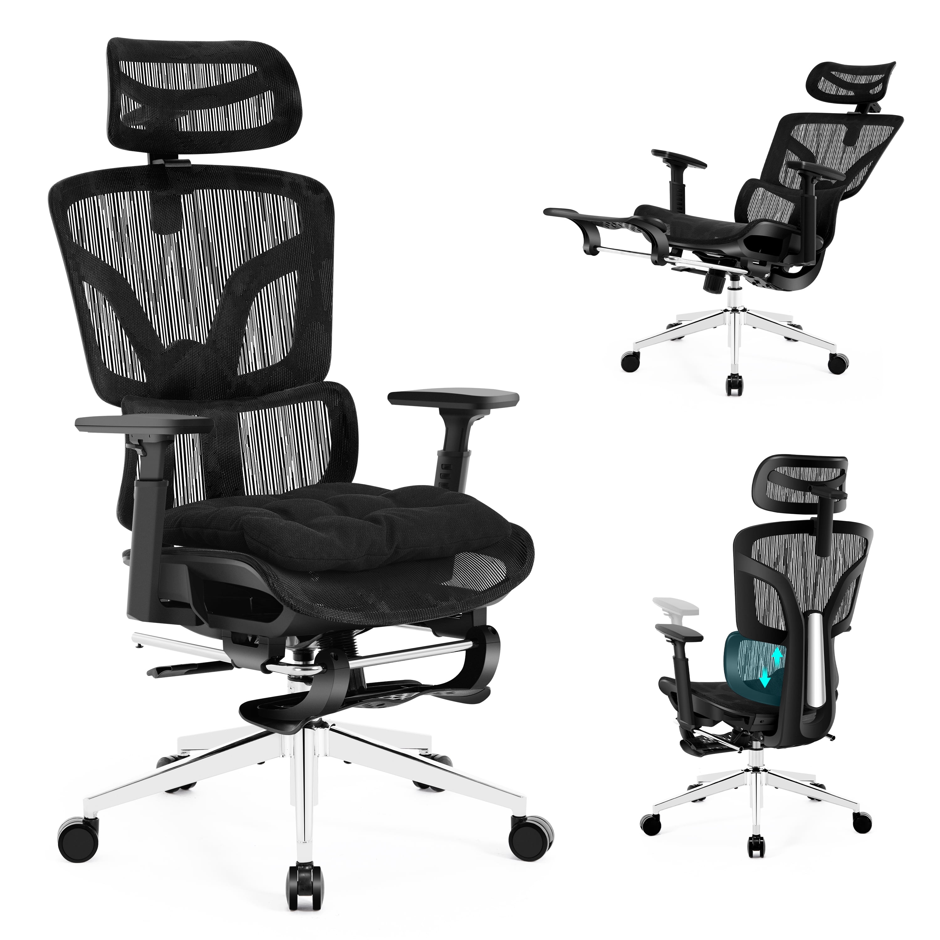 Nexthro Ergonomic Office Chair Mesh Chair with High Back Adjustable Headrest, Lumbar Support, 3D Armrest & Footrest, Swivel Computer Desk Chair(Black)