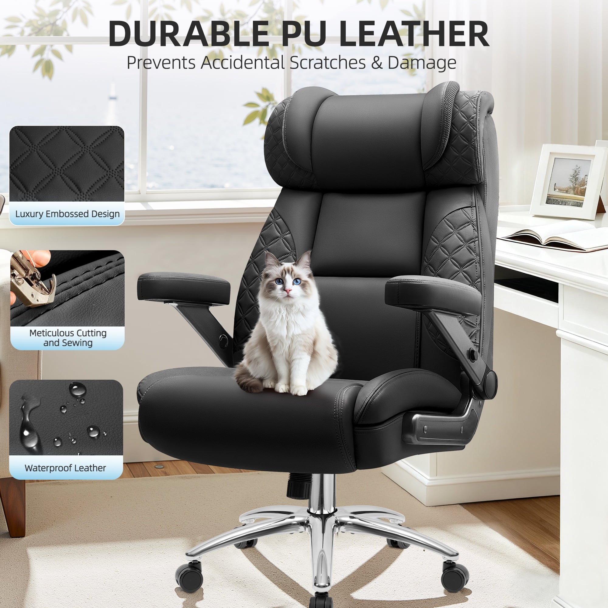 FASTES Leather Office Chair Big and Tall Desk Office Chair, 500lbs Computer Chair Ergonomic Extra Wide Gaming Chair with Adjustable Lumbar Support 5D Flip Arms, Black