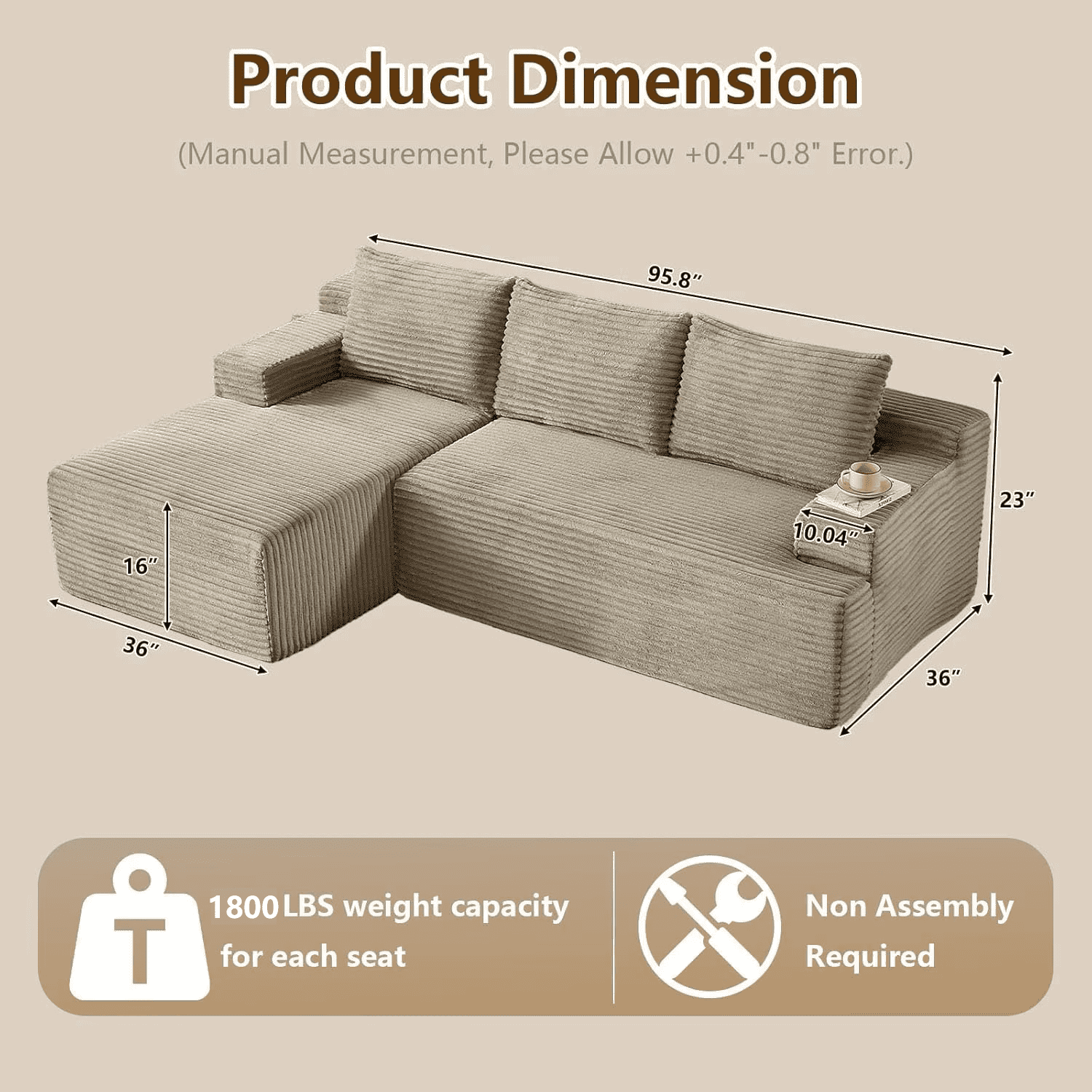 96 L-Shaped Sectional Couches for Living Room, Modular Cloud Couch with Chaise, Corduroy Deep Seat Boneless Sofa, No Assembly, Black