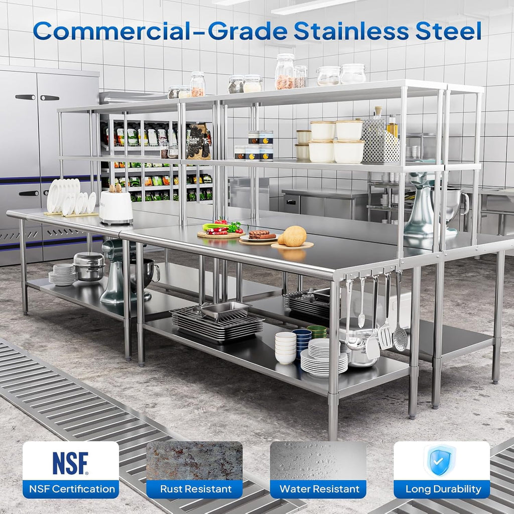 Ktaxon 72 x 30 Stainless Steel Workbench with Overshelves, NSF Commercial Heavy Duty Work Table with Adjustable Undershelf & Detachable Hooks