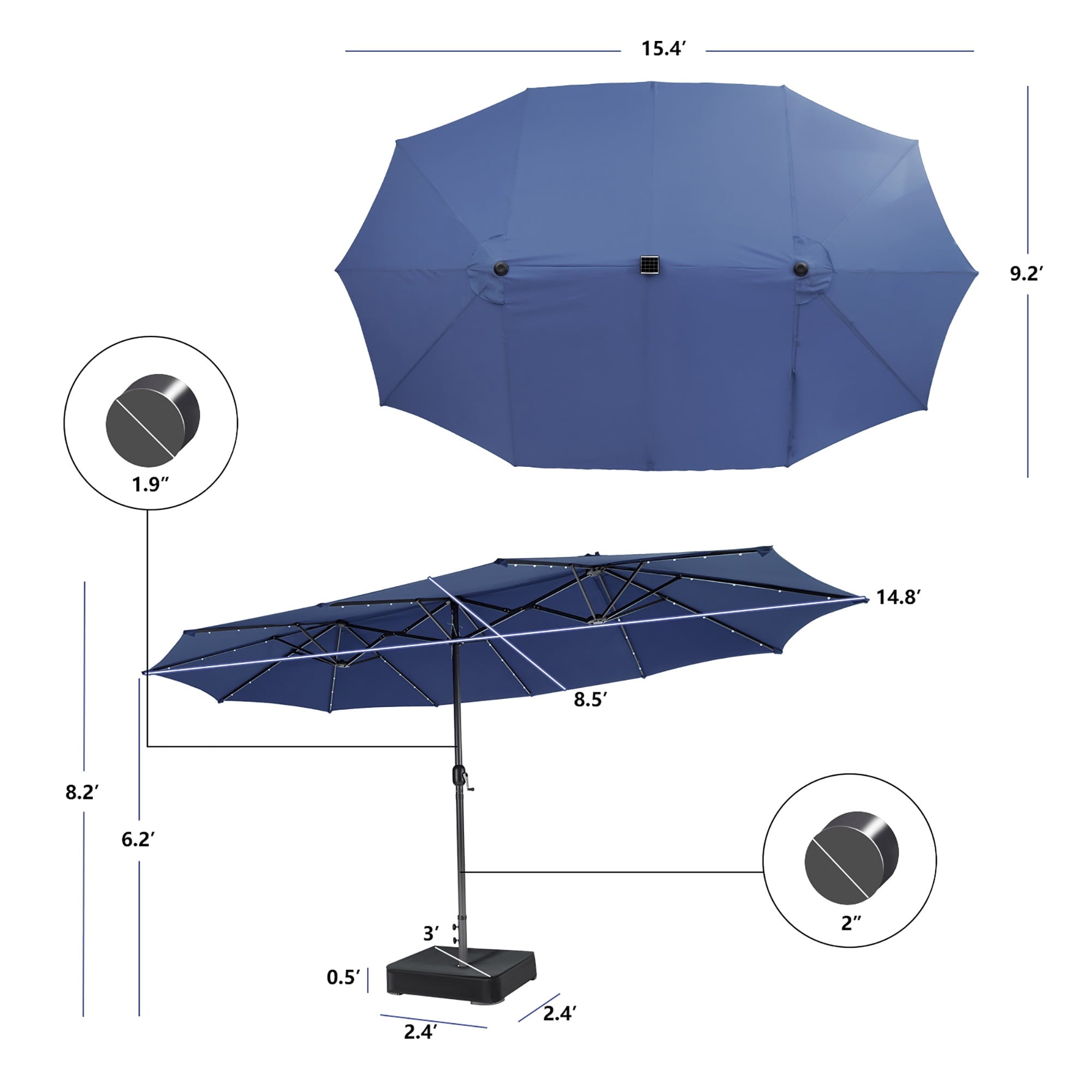 Gymax Outdoor 15' Double-Sided Patio Umbrella 48 Solar LED Lights Crank & Base Coffee