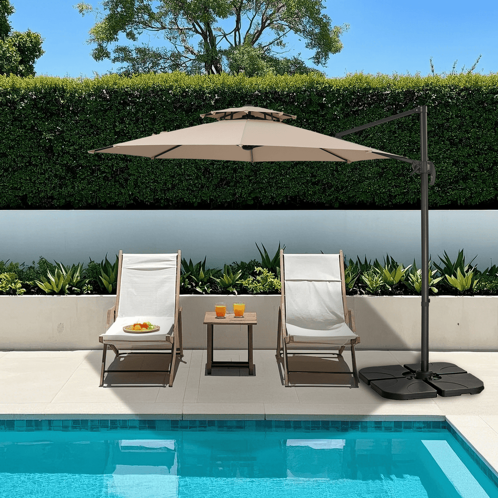 Ainfox 10ft Double Top Heavy-Duty Patio Cantilever Umbrella with lights and Cross Base, Outdoor Large Offset Hanging Aluminum Rotation Sun Shade Solar Umbrella with 360°Rotation Adjustable,Khaki