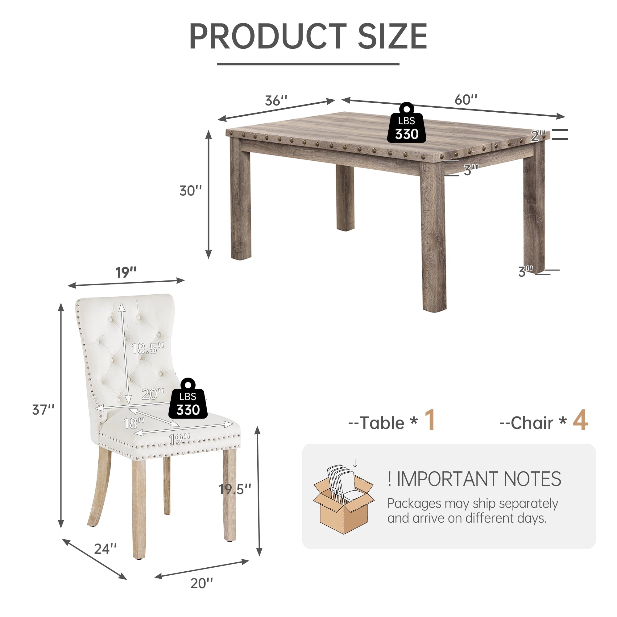 Farmhouse Dining Table Set for 6, Rectangular Wooden Table& 6 Upholstered Kitchen Chairs with Nailhead Accents for Dining Hub,Breakfast Nook