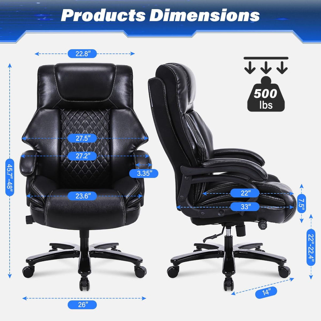 JONPONY Leather Office Chair, Big and Tall Office Chair 400LBS Wide Seat Ergonomic Computer Desk Chair High Back Executive Leather Chair Adjustable Task Chair Lumbar Back with 1-Year Warranty, Black