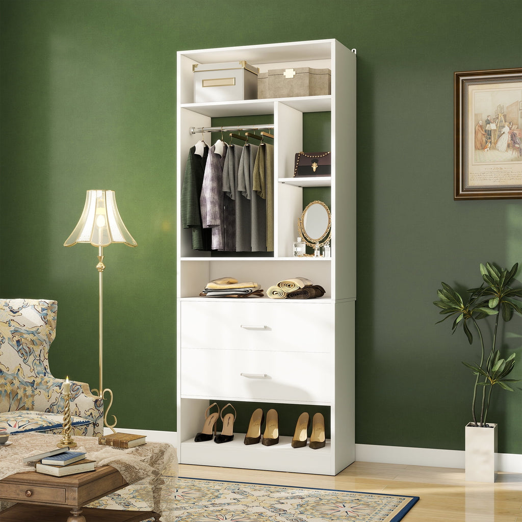 Homieasy Freestanding 24 Closet System with 2 Wood Drawers, 2FT Small Closet Organizer System with 6 Shelves & Hanging Rod, Walk-in Closet Systems for Small Closets, White