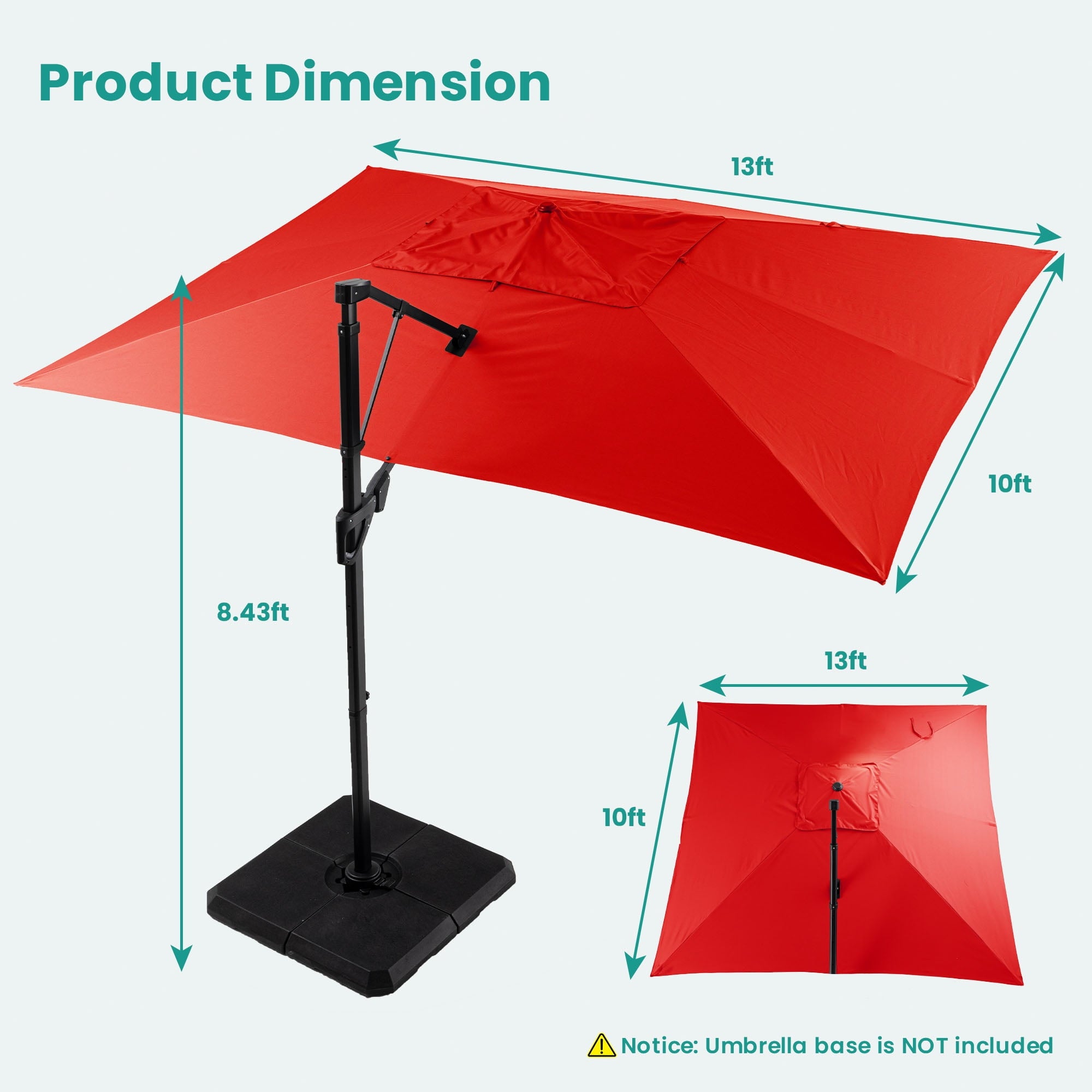 MOALCOFER 10x13FT Outdoor Offset Cantilever Patio Umbrella with 360° Rotation, 8 Ribs, Crank & Tilt, Large Hanging Sun Shade for Backyard, Deck, Poolside,Red