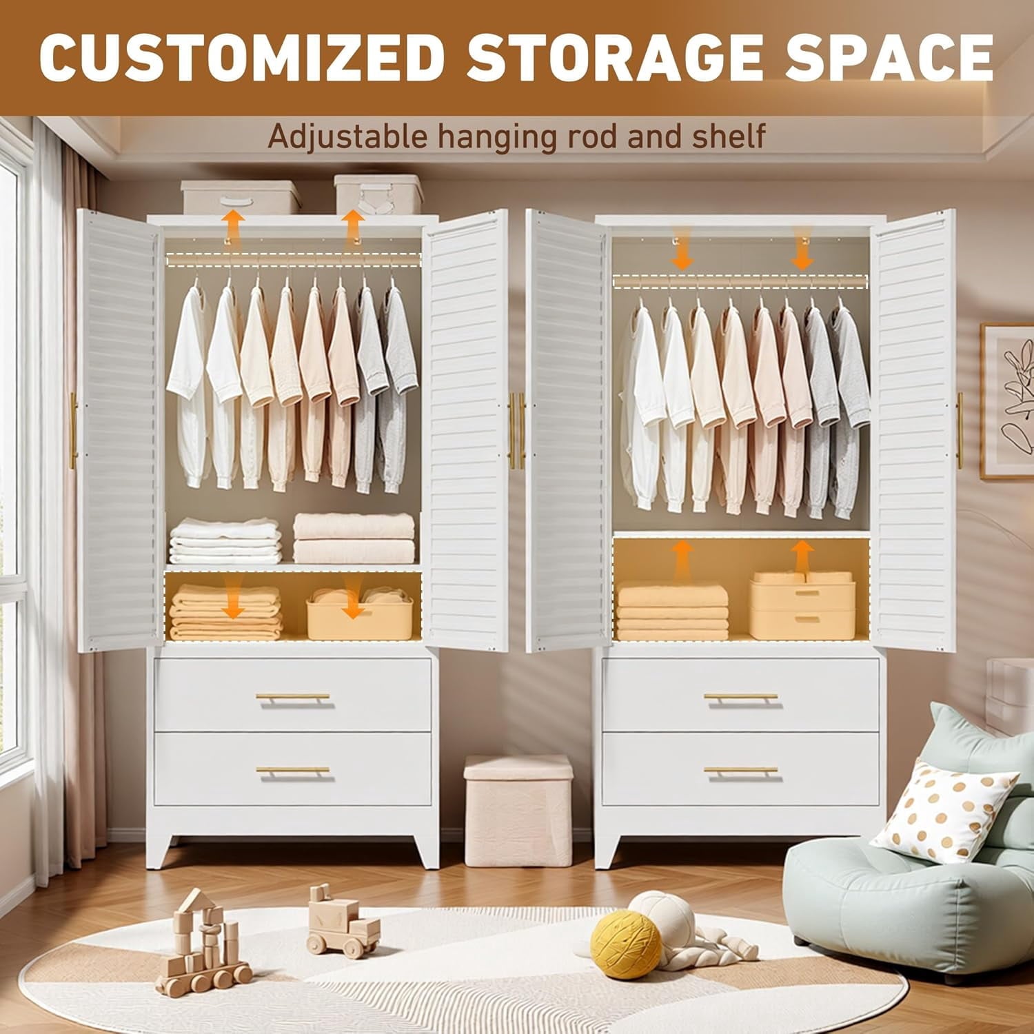 IKIMI 71H Metal Armoire Wardrobe Closet with Adjustable Hanging Rod and Drawers, Clothing Storage Cabinet for Bedroom, Bathroom, White