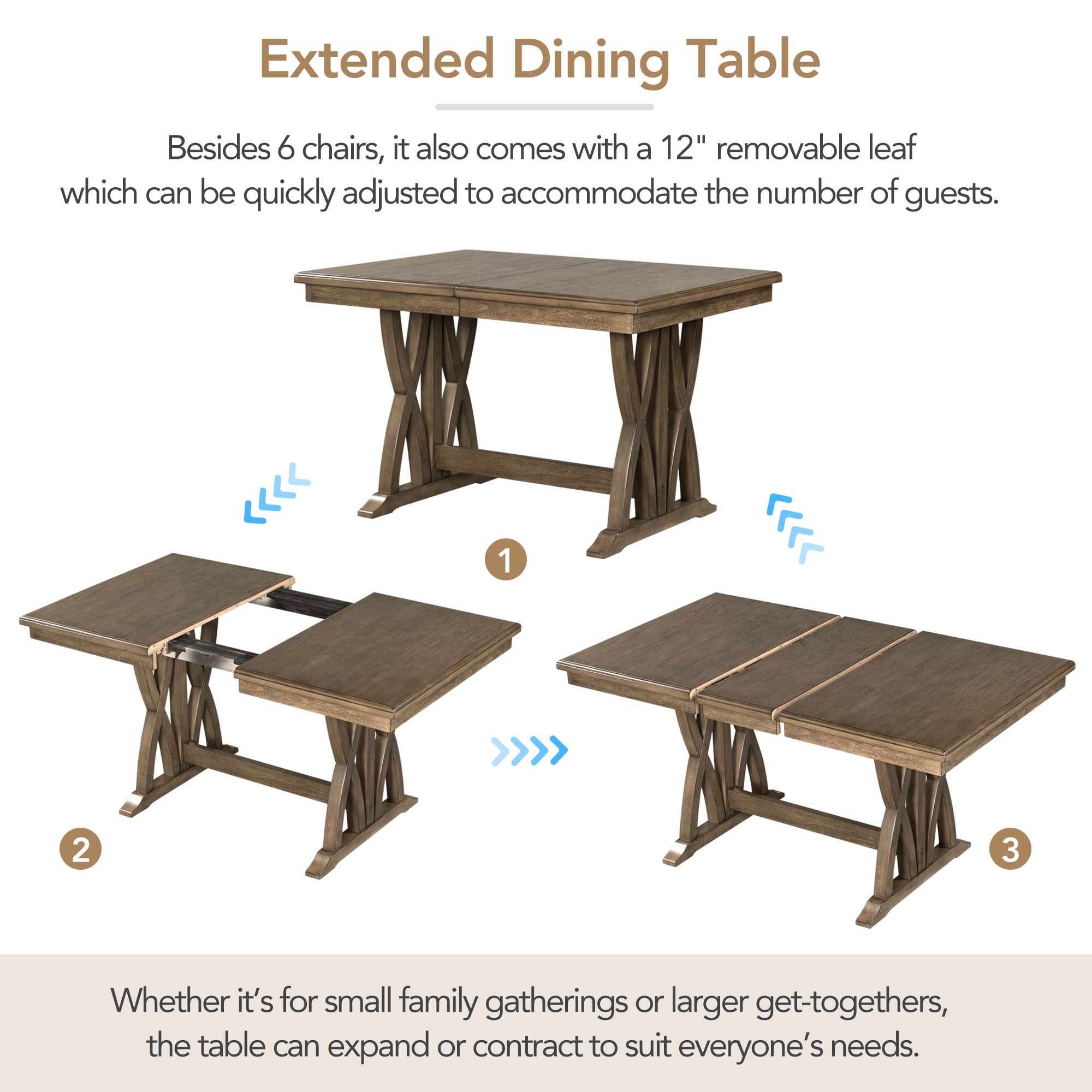 Harper & Bright Designs 7 Pieces Retro Dining Set for 6, Wood Rectangular Table with Designed Trestle Base and 6 Upholstered Chairs for Dining Room and Kitchen, Grey