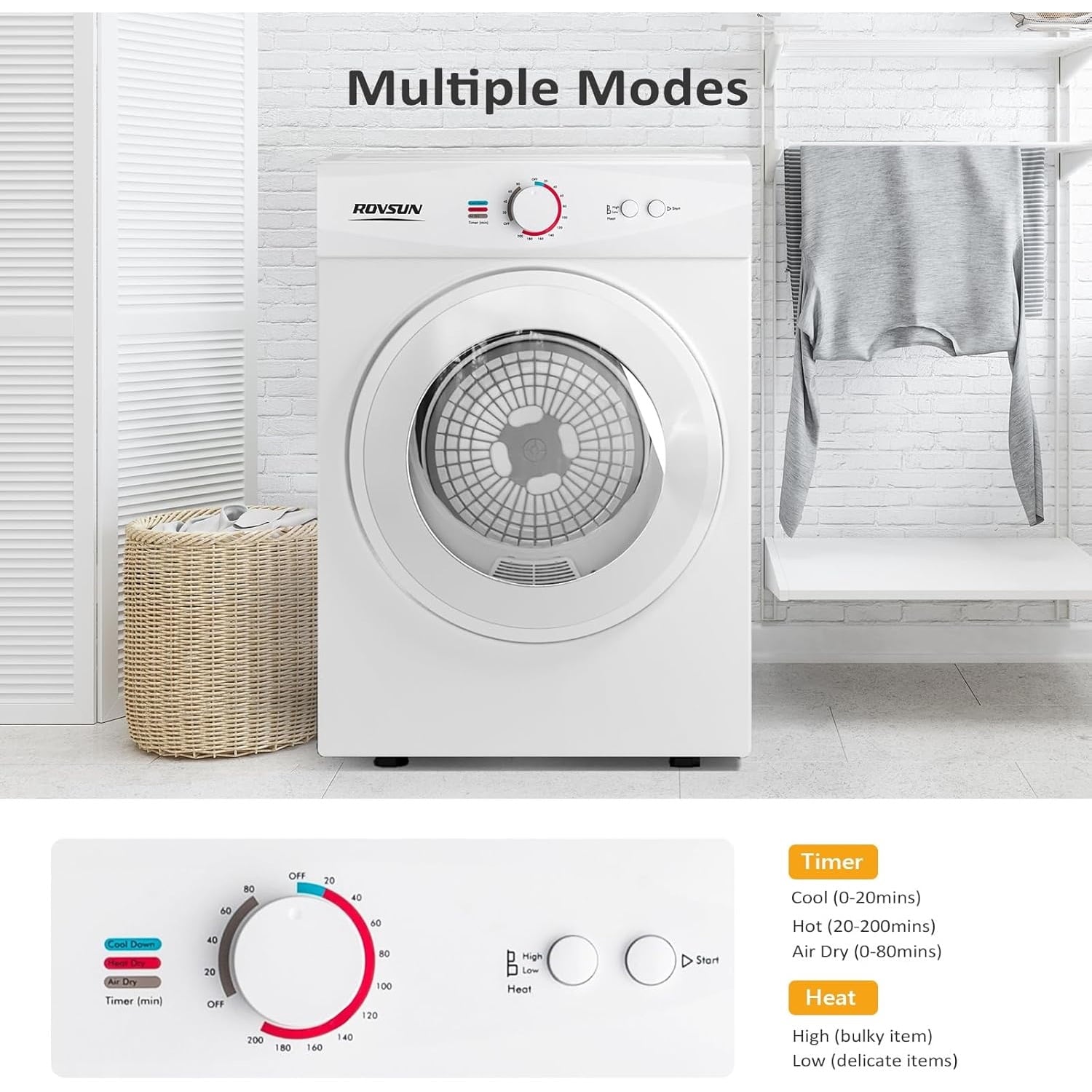 2.6 Cu.Ft White Compact Portable Laundry Dryer, 110V Electric Clothes Dryer with Stainless Steel Tub & Control Knob, Small Portable Dryer Machine for Apartment Dorm RV Indoor Use