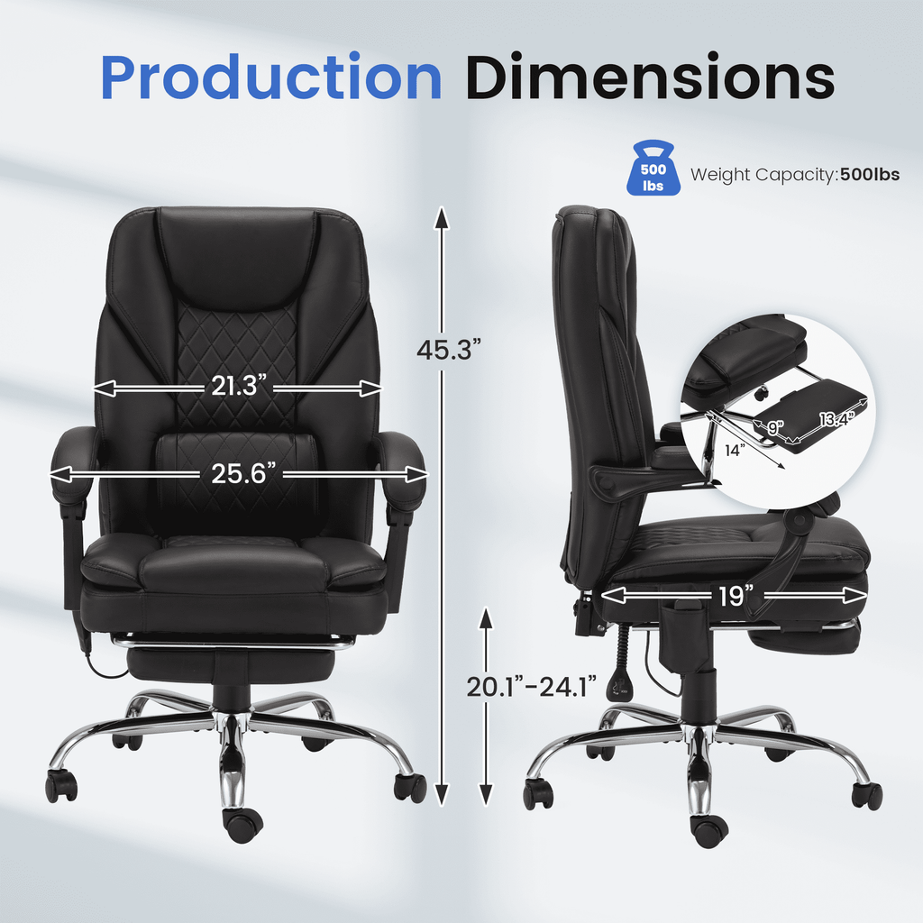 HOMREST Ergonomic Office Chair with 6-Point Massage & Heating, Adjustable Executive Desk Chair with Retractable Footrest, PU Leather Home Office Desk Chair for Home & Office (Black)