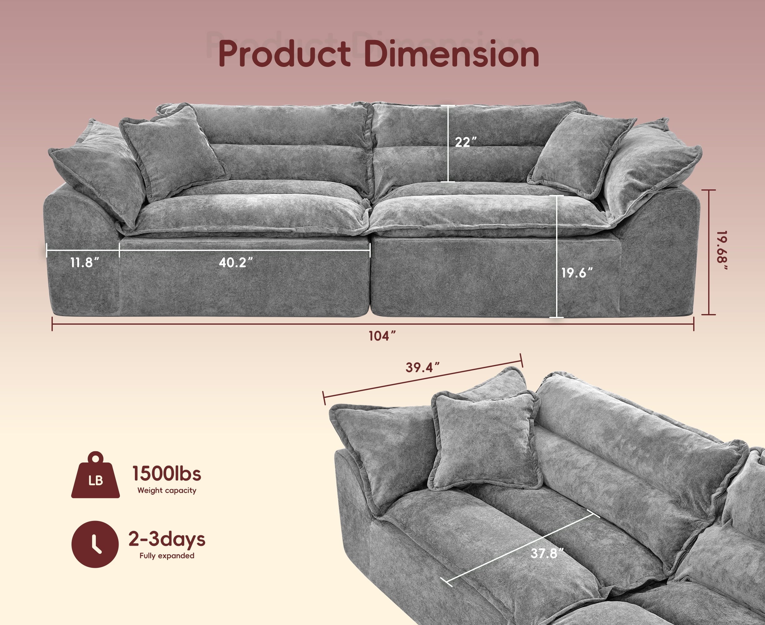 2-Seater Modular Sectional Sofa, Comfy Loveseat with Throw, Deep Seat Memory Foam Small Couches for Small Space, Living Room Apartment, Dark Grey
