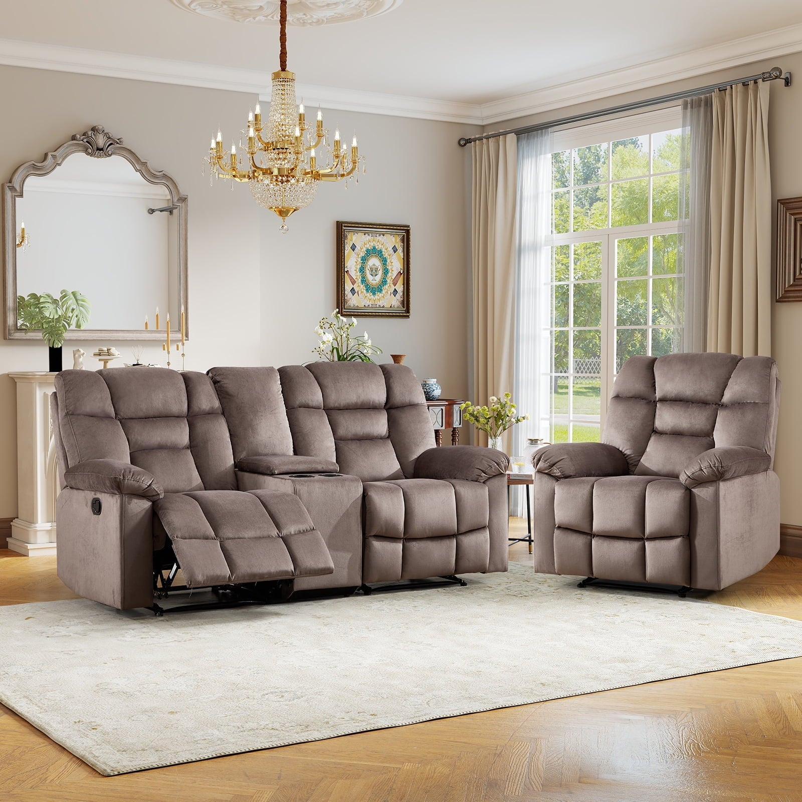 Bonzy Home Brown Manual Recliner Sofa Set with Single Seat, Loveseat, Hidden Storage and Cup Holders