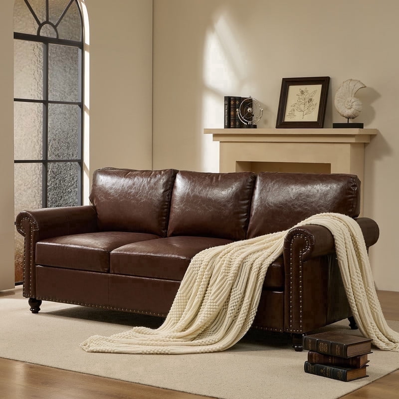 Me'on 80'' Faux Leather Sofa with Storage Seats, Classic 3-Seater Couch with Nailhead Trim, Easy Assembly, Dark Brown