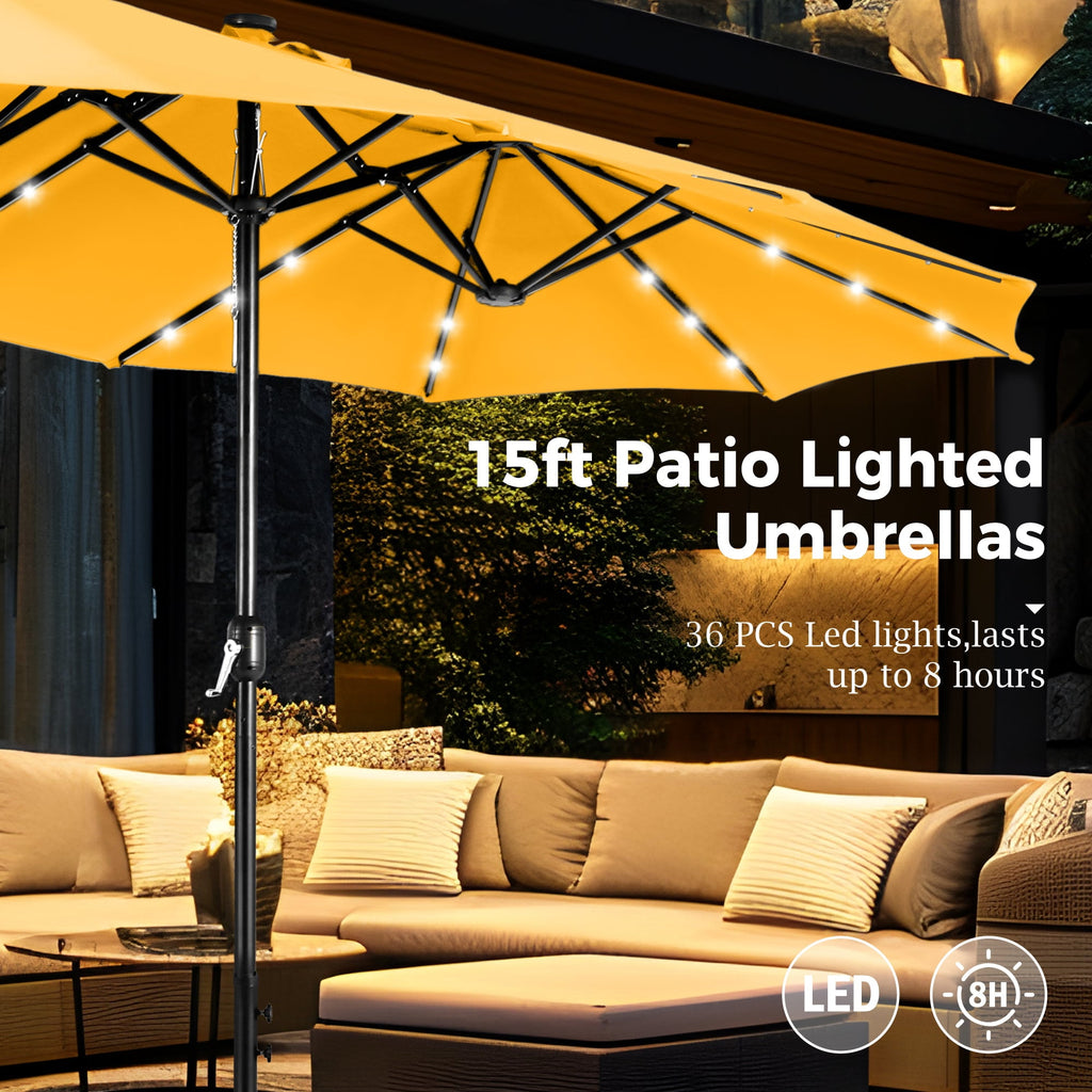 Alpha Joy 15ft Extra Large Outdoor Patio Double-Sided Umbrella with LED Solar Lights & Umbrella Base, Beige