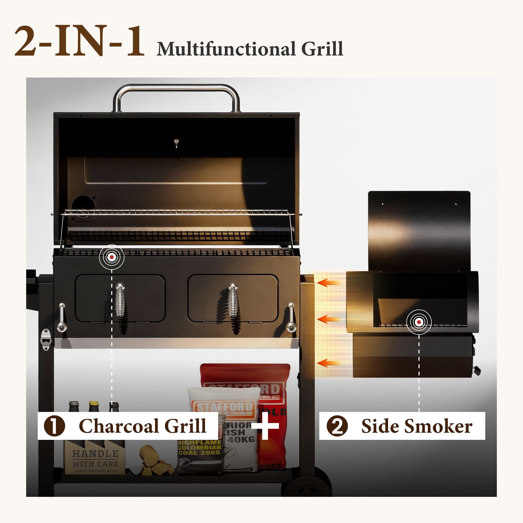 MF Studio Charcoal Grill with Offset Smoker 1015 sq in Extra Large Charcoal BBQ Grill for Outdoor Cooking