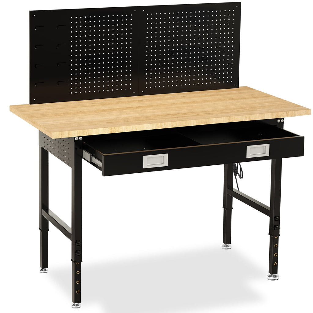 60 inch Workbench for Garage, Heavy-Duty 2 Tier Wood Work Bench with Storage Pegboards, Hooks, Power Outlets, Rubber Wood Tabletop 2000 LBS Load Bearing Workstation Garage Desk Work Table