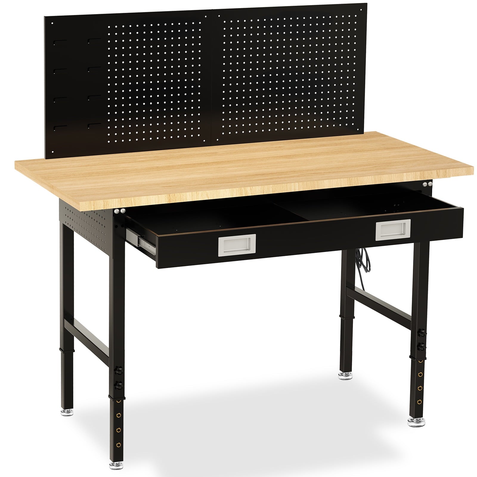 60 inch Workbench for Garage, Heavy-Duty 2 Tier Wood Work Bench with Storage Pegboards, Hooks, Power Outlets, Rubber Wood Tabletop 2000 LBS Load Bearing Workstation Garage Desk Work Table