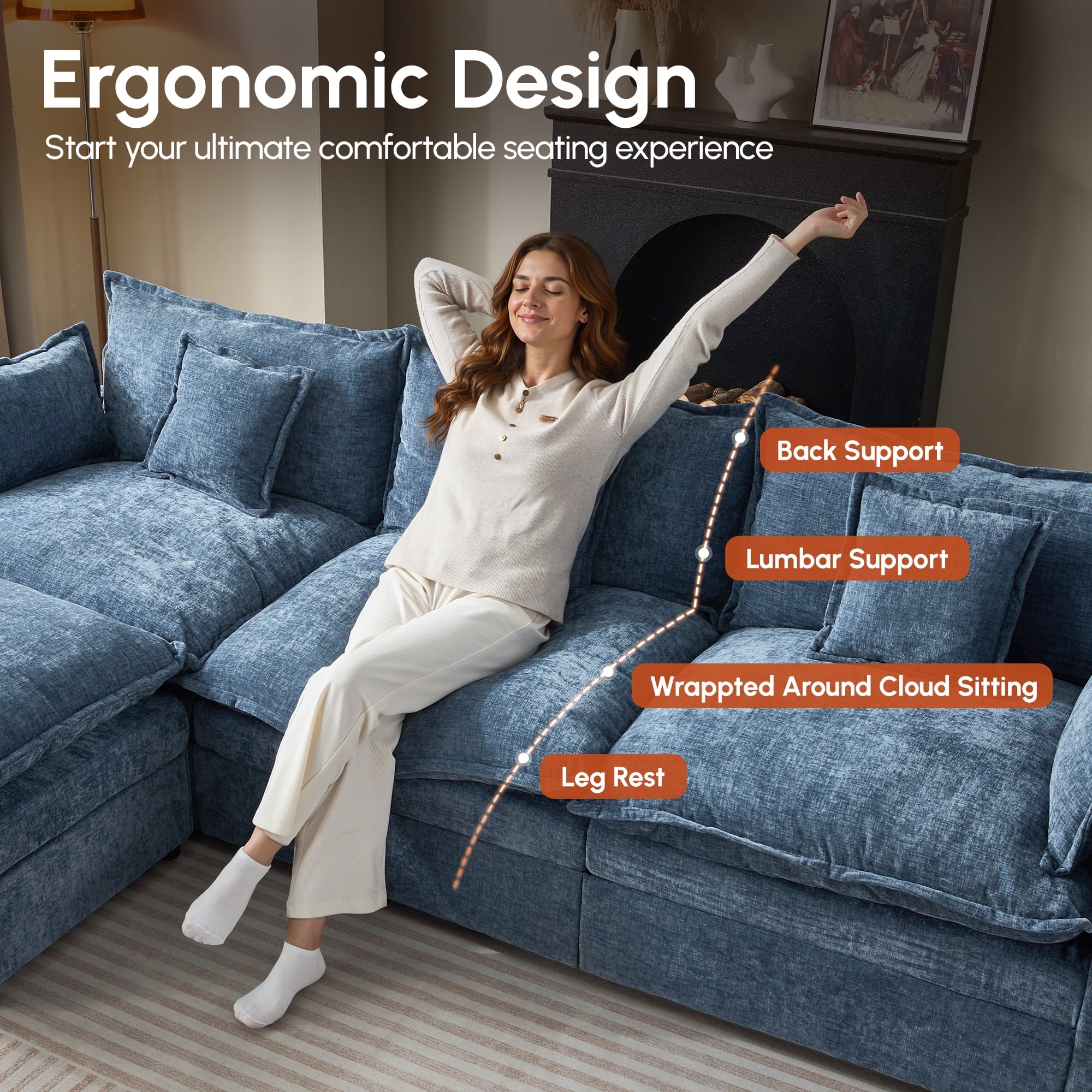 Ovios 108 Modular Sectional Sofa U-Shaped Cloud Couch with 2 Ottomans, Comfy Living Room Furniture, Chenille, Camel