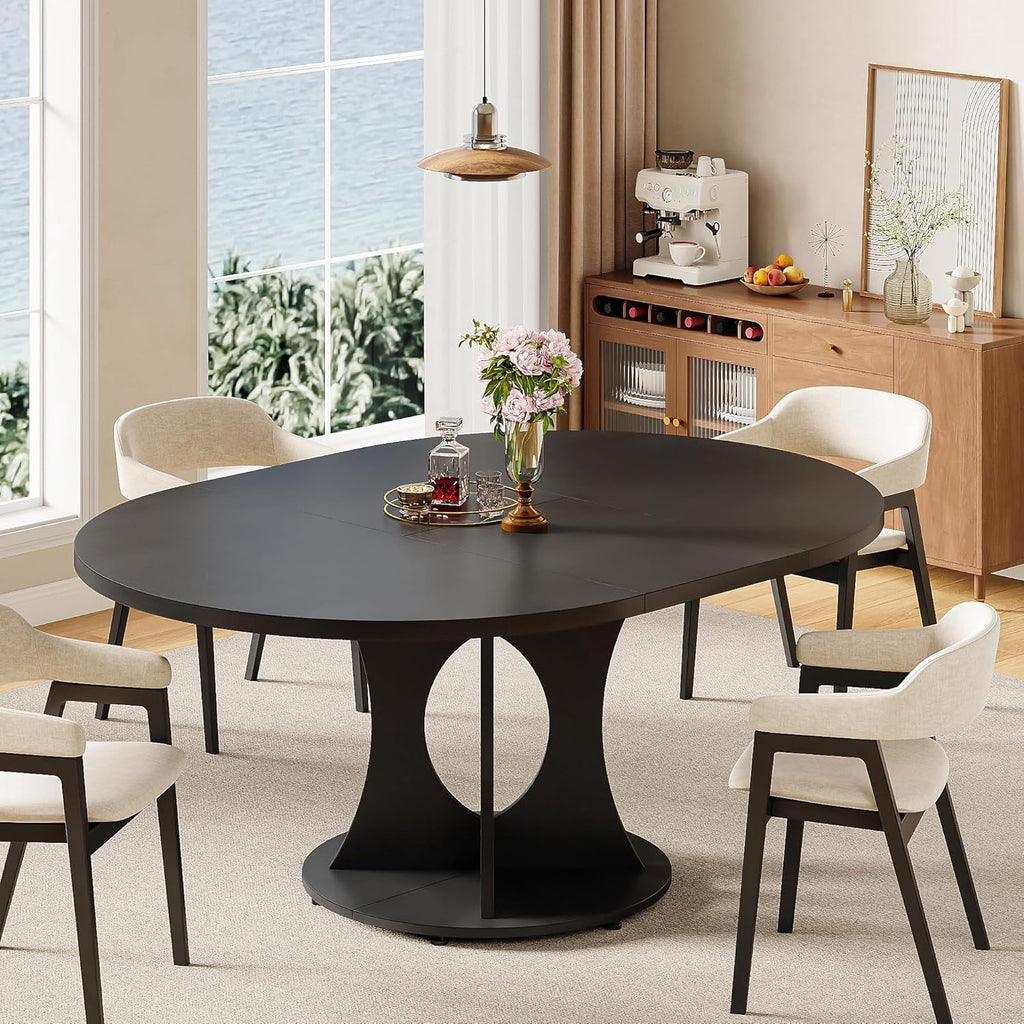 Laisnet 59 Extendable Wooden Dining Table for 8, Modern Kitchen Table with Hidden Storage, Black