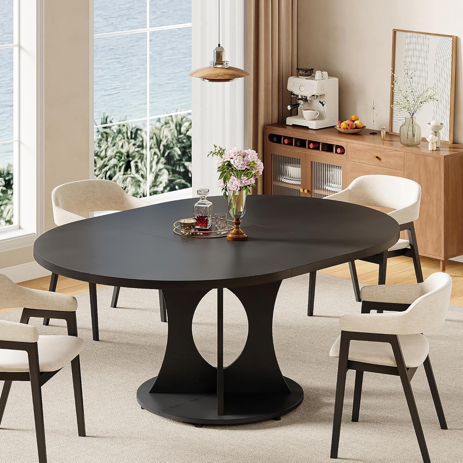Laisnet 59 Extendable Wooden Dining Table for 8, Modern Kitchen Table with Hidden Storage, Black