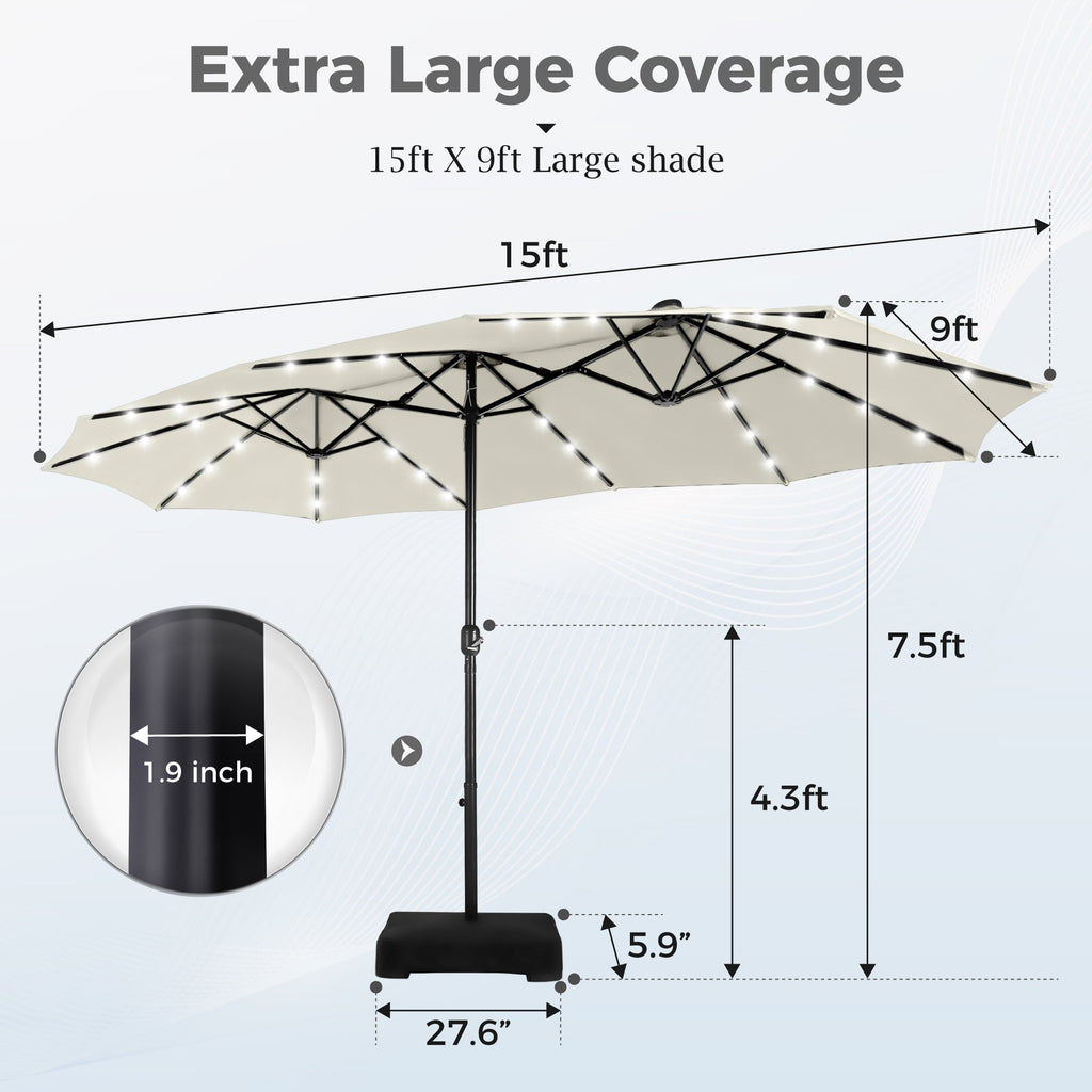 Alpha Joy 15ft Extra Large Outdoor Patio Double-Sided Umbrella with LED Solar Lights & Umbrella Base, Beige