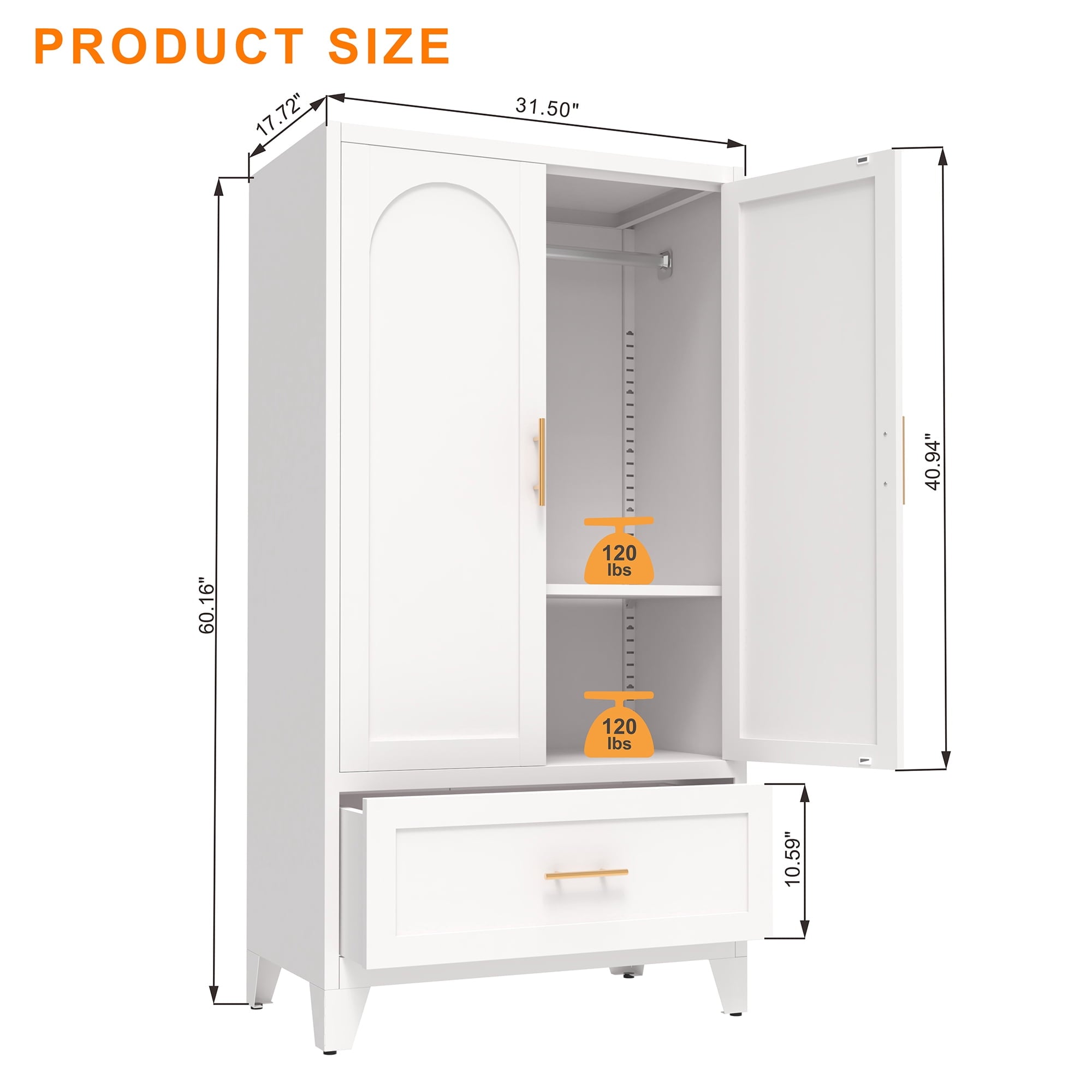 avobird 60 Tall Metal Wardrobe Cabinet with 1 Drawer and Hanging Rod, 2 Doors Wardrobe Closet with Shelf for Bedroom, Beige
