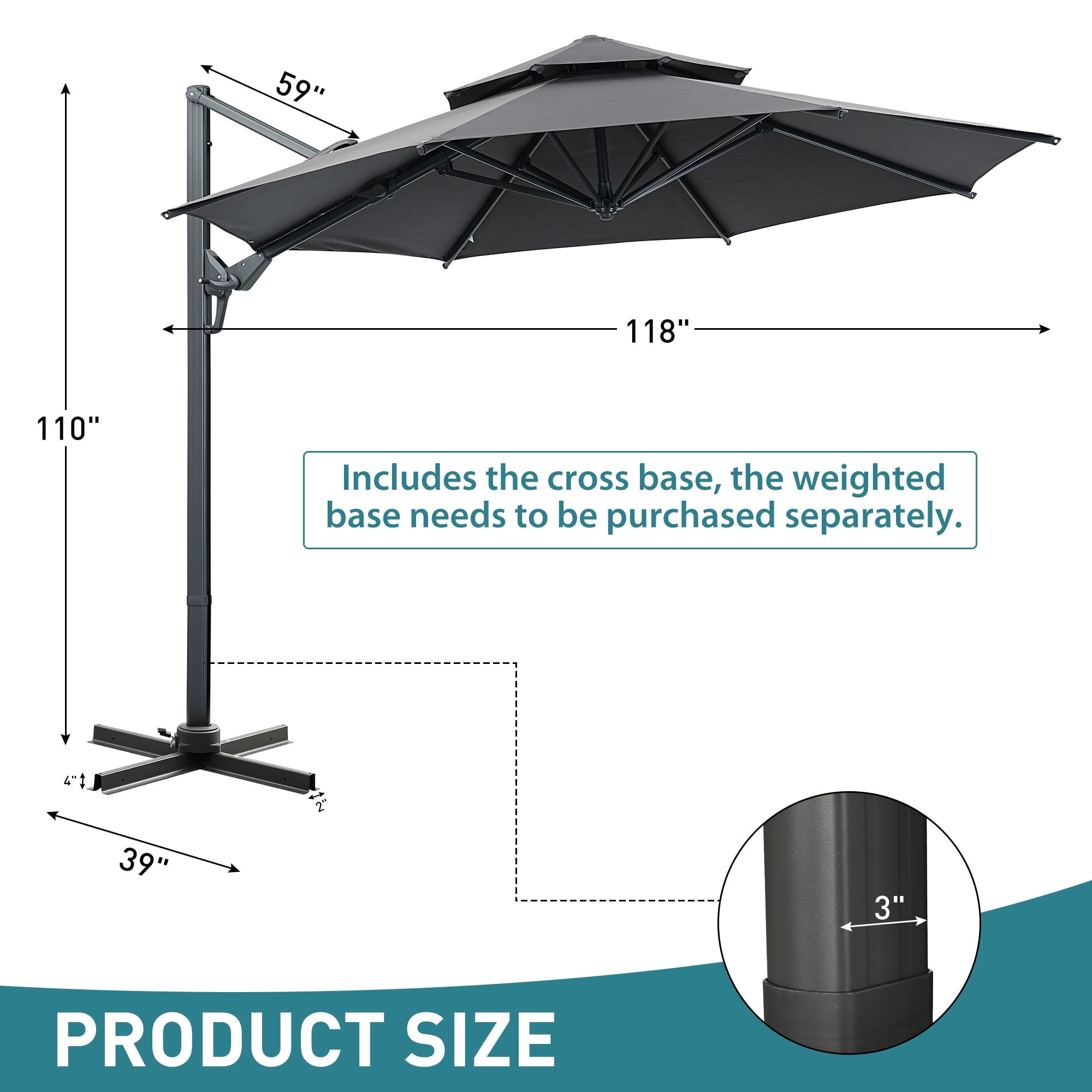 Ainfox 10ft Double Top Heavy-Duty Patio Cantilever Umbrella with lights and Cross Base, Outdoor Large Offset Hanging Aluminum Rotation Sun Shade Solar Umbrella with 360°Rotation Adjustable,Khaki