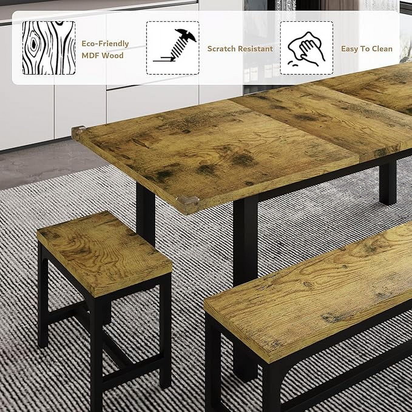 iPormis 5-Piece Dining Table Set for 4-8 People, Extendable Kitchen Table Set with 2 Benches and 2 Square Stools, Espresso