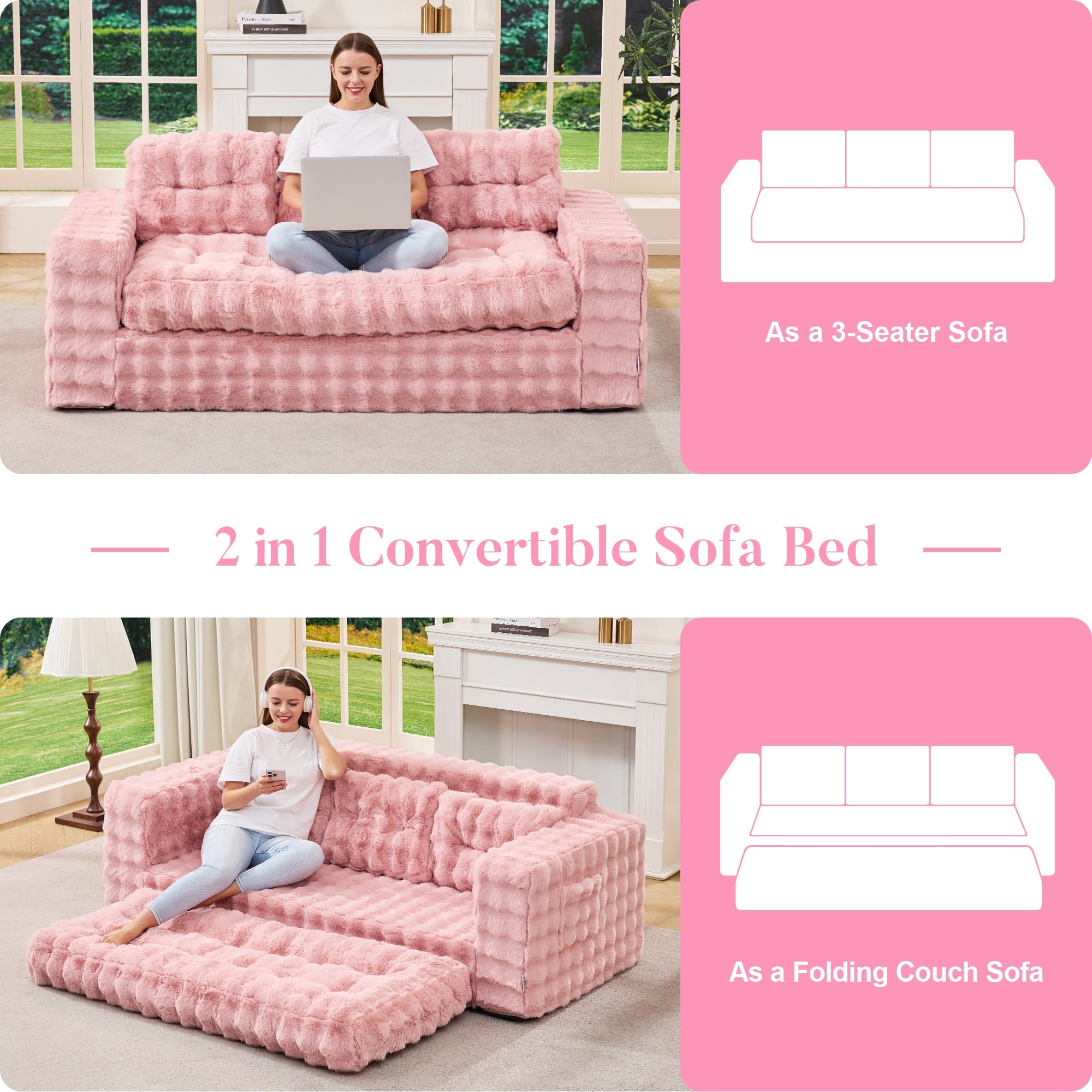 Hobestluk 3-Seater Sofa Boneless Couch with Tufted Button Design 2 in 1 Comfy Cloud Couch Oversized Sofa for Living Room Bedroom Apartment or Office (Grey, 3 Seater)