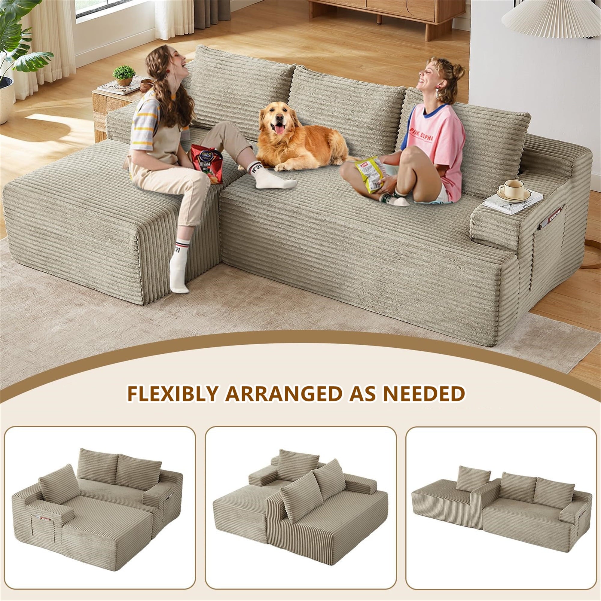 Aukfa 95 Cloud Sectional Sofa Deep Seat Boneless Couch Modular L-Shaped Couch, Left Chaise Corduroy Sofa for Living Room, Black