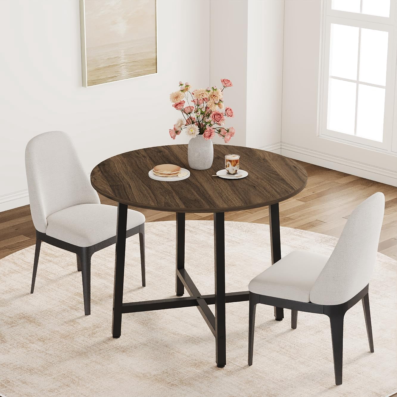 31.5 Round Dining Table for 4 People, Modern Wood Circle Kitchen Table with Sturdy Industrial Metal Frame, Small Space Saving Dining Room Table for Apartment & Breakfast Nook, (No Chairs), Walnut