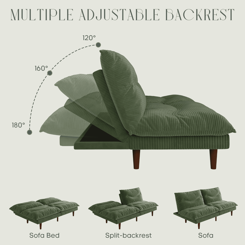 LLappuil 71 Corduroy Futon Convertible Sofa Bed, Loveseat Sleeper Sofa Couch for Living Room Apartment Green