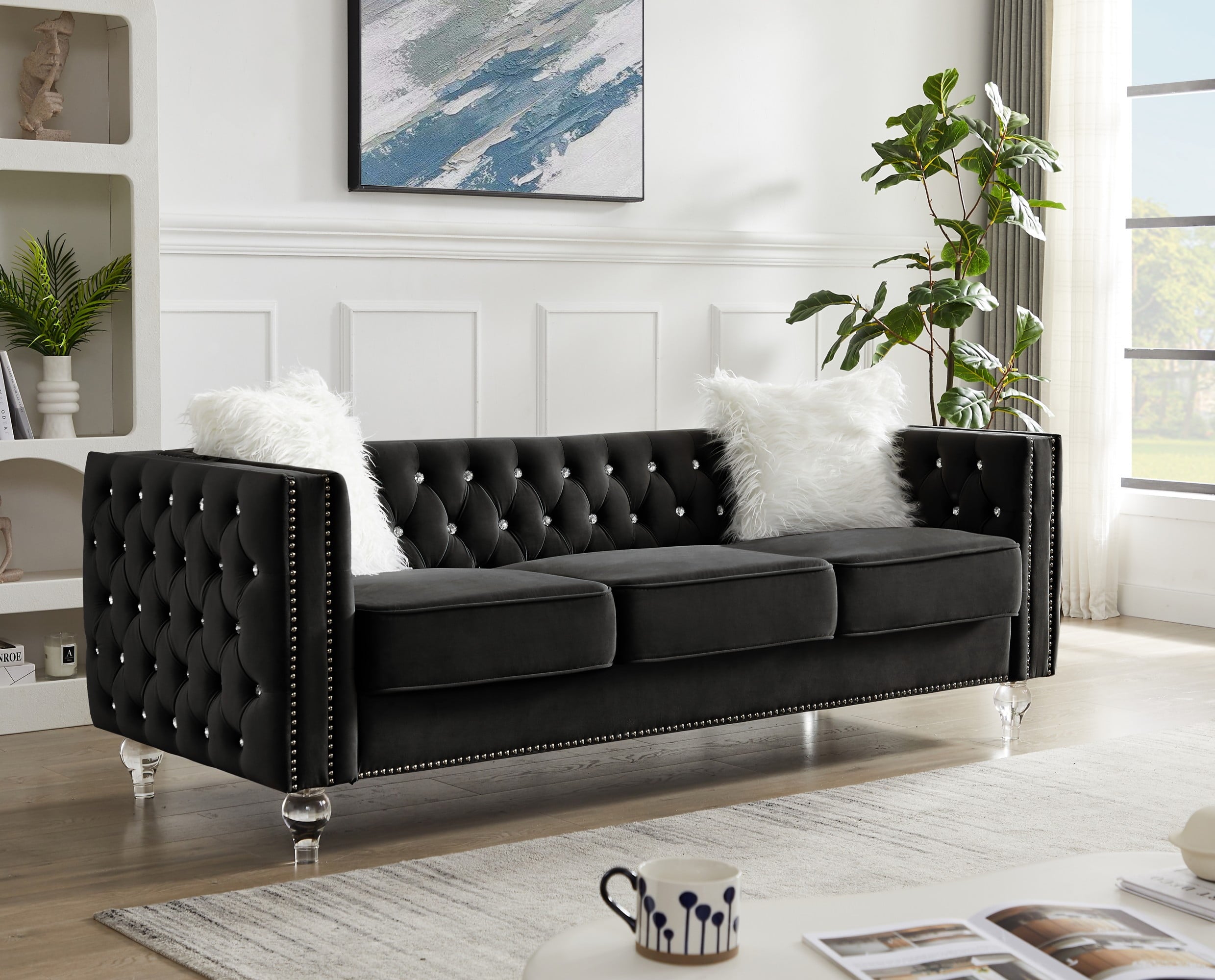 Gewnee 86.6 Modern Sofa Couch,Teddy Velvet 3 Seaters Comfy Couch with Deep Seat for Living Room,2 Pillows,Beige