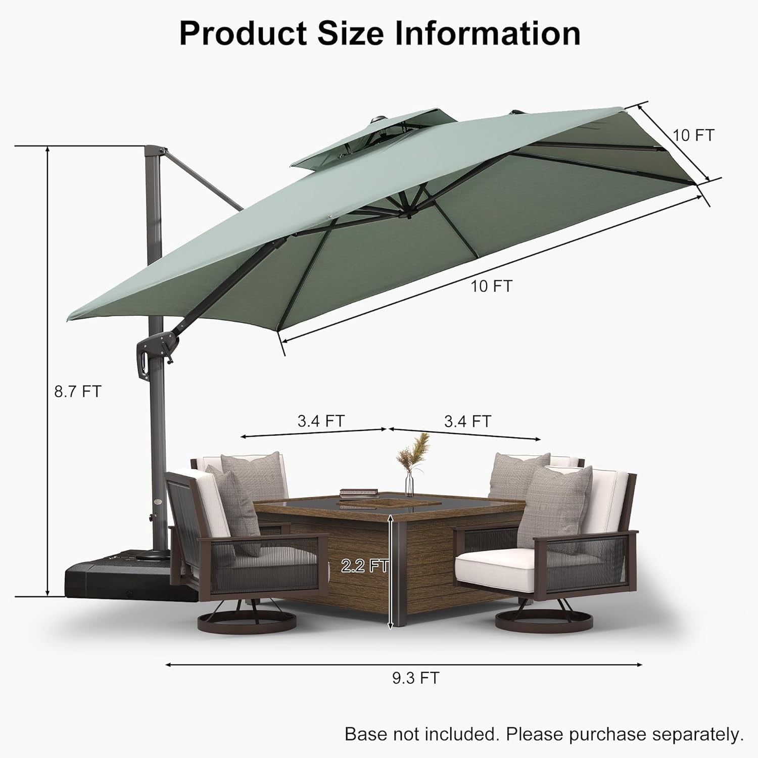 PURPLE LEAF Cantilever Umbrellas 12FT Square Large Patio Umbrella Offset Umbrella with 360°Rotation Tilting And Hanging Double Top, Grey