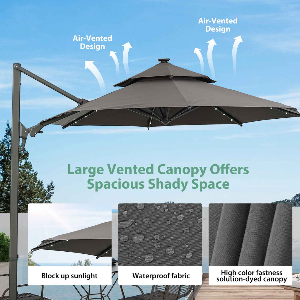Ainfox 10ft Double Top Heavy-Duty Patio Cantilever Umbrella with lights and Cross Base, Outdoor Large Offset Hanging Aluminum Rotation Sun Shade Solar Umbrella with 360°Rotation Adjustable,Khaki
