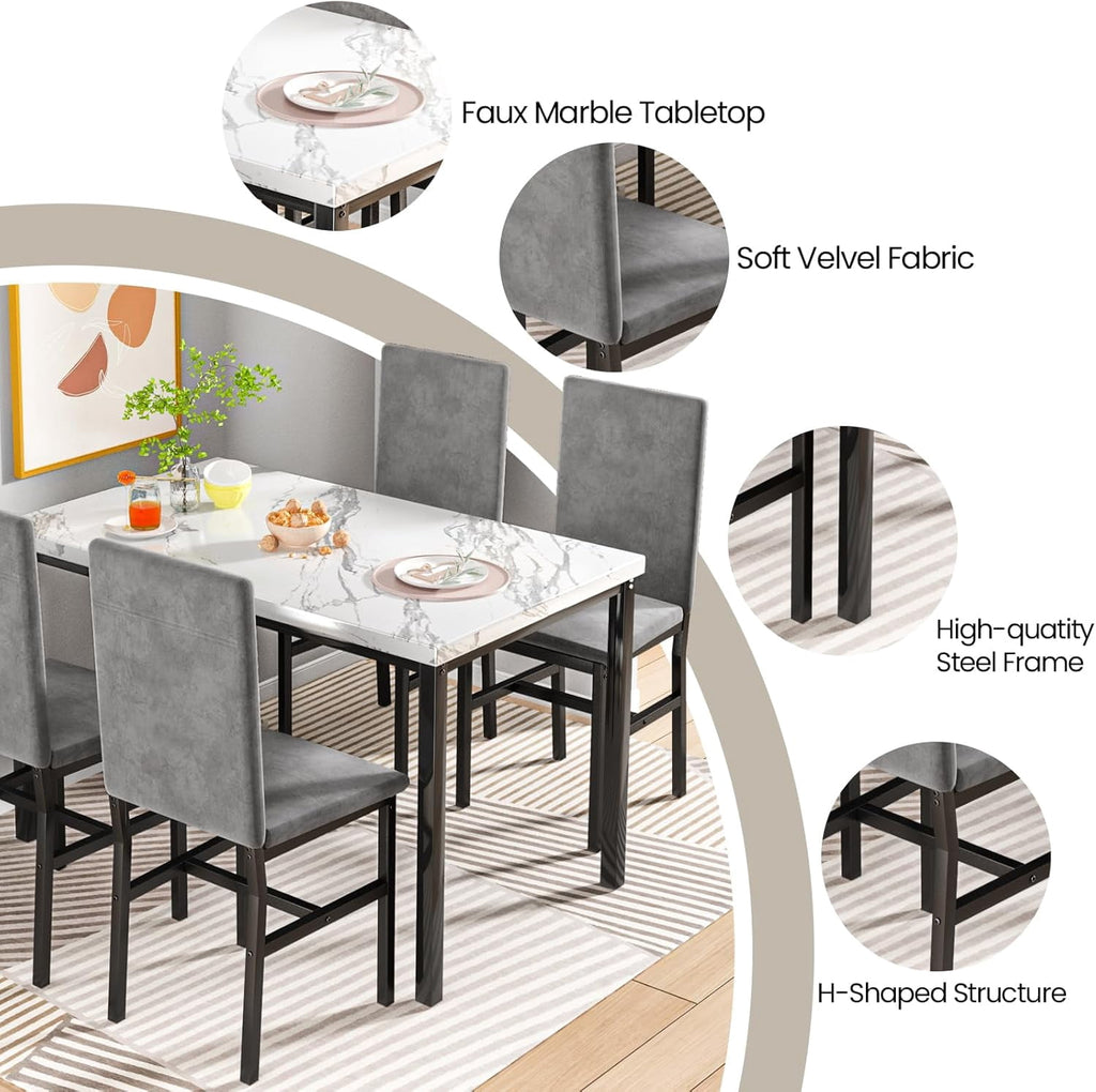 Cvortll 5 Piece Dining Table Set, Kitchen Table and Chairs Set for 4 with Faux Marble and 4 Velvet Upholstered Dining Chairs for Home, Restaurant, Black & Black