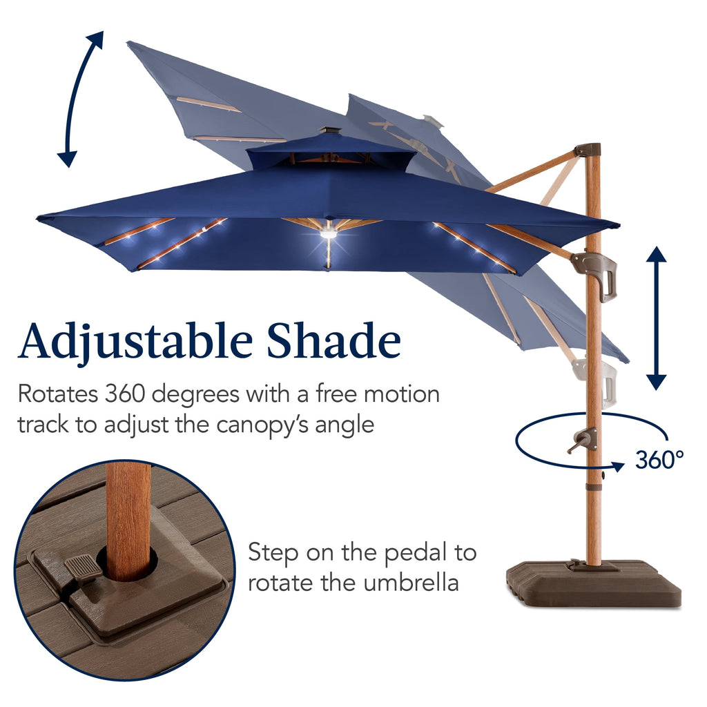 Best Choice Products 10ft Square Woodgrain Pattern 2-Tier Outdoor Solar LED Cantilever Umbrella w/ Base - Gray
