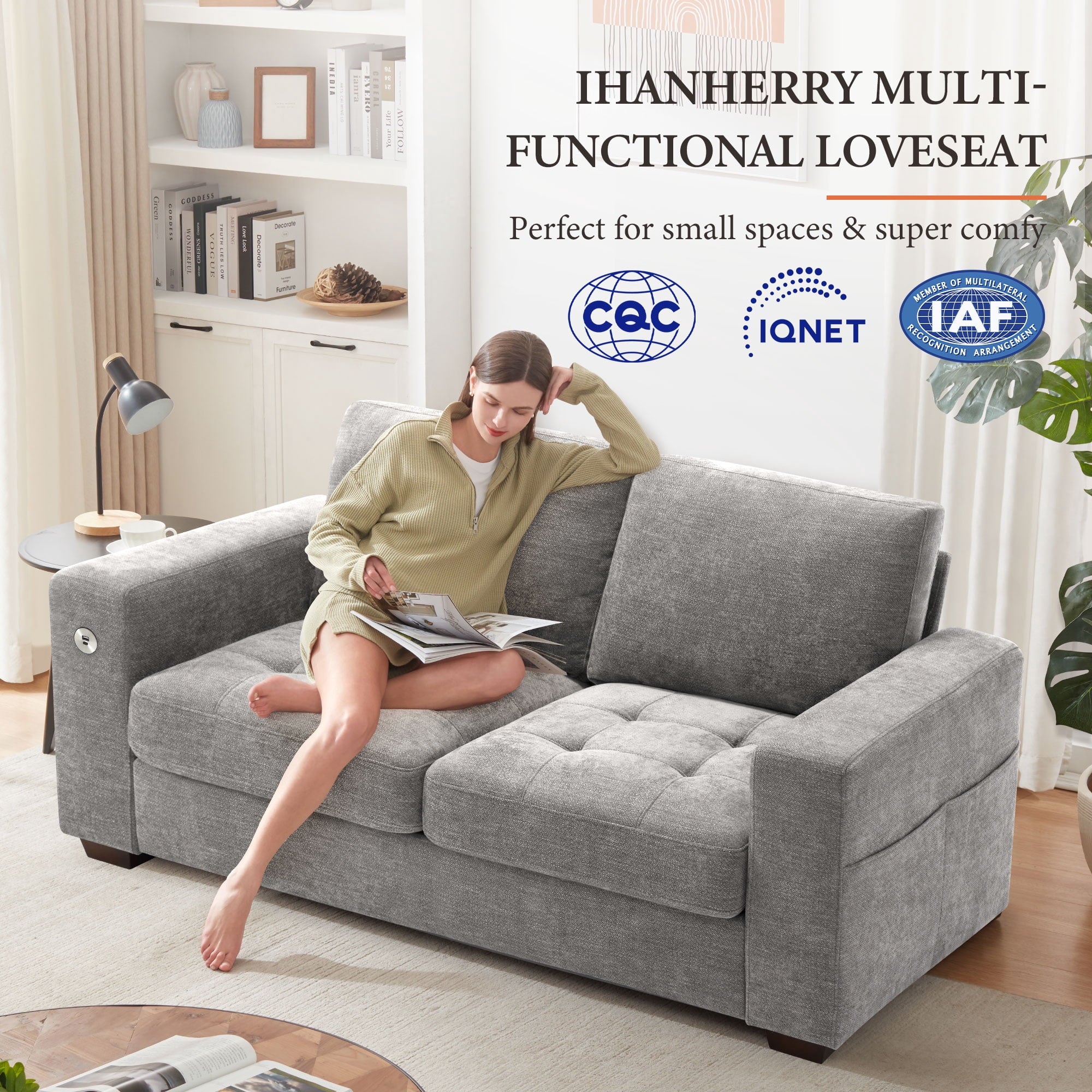 Bedluxury 89 Deep Sofa Couch with USB/Type-C Charging, Storage Pocket & Wide Armrest, Removable Cover, Seats 3 Adults, Chenille Beige