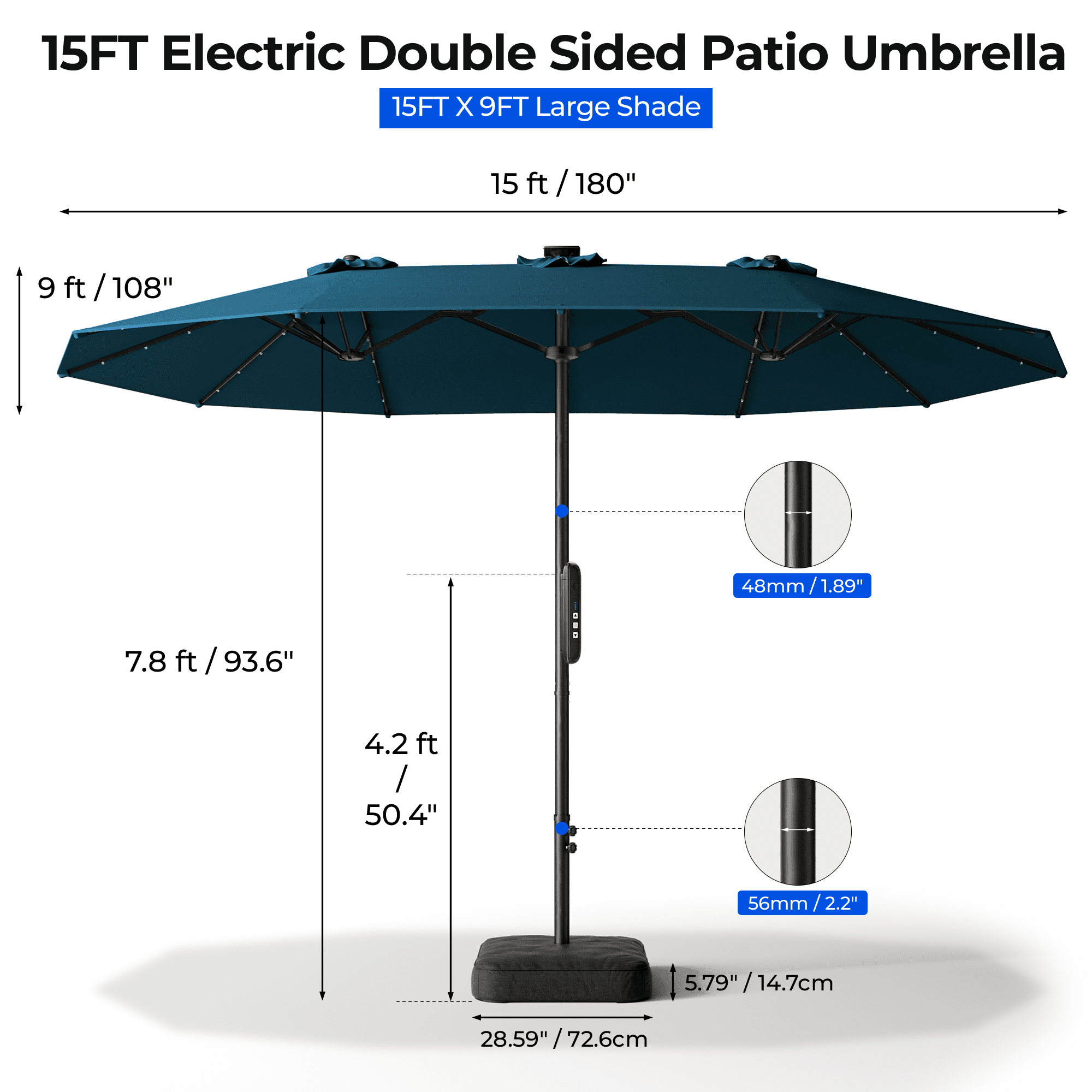 15ft Smart Electric Patio Umbrella, Large Double Sided Rectangular Outdoor Patio Umbrella with Light and Base for Lawn, Garden, Backyard,Beige
