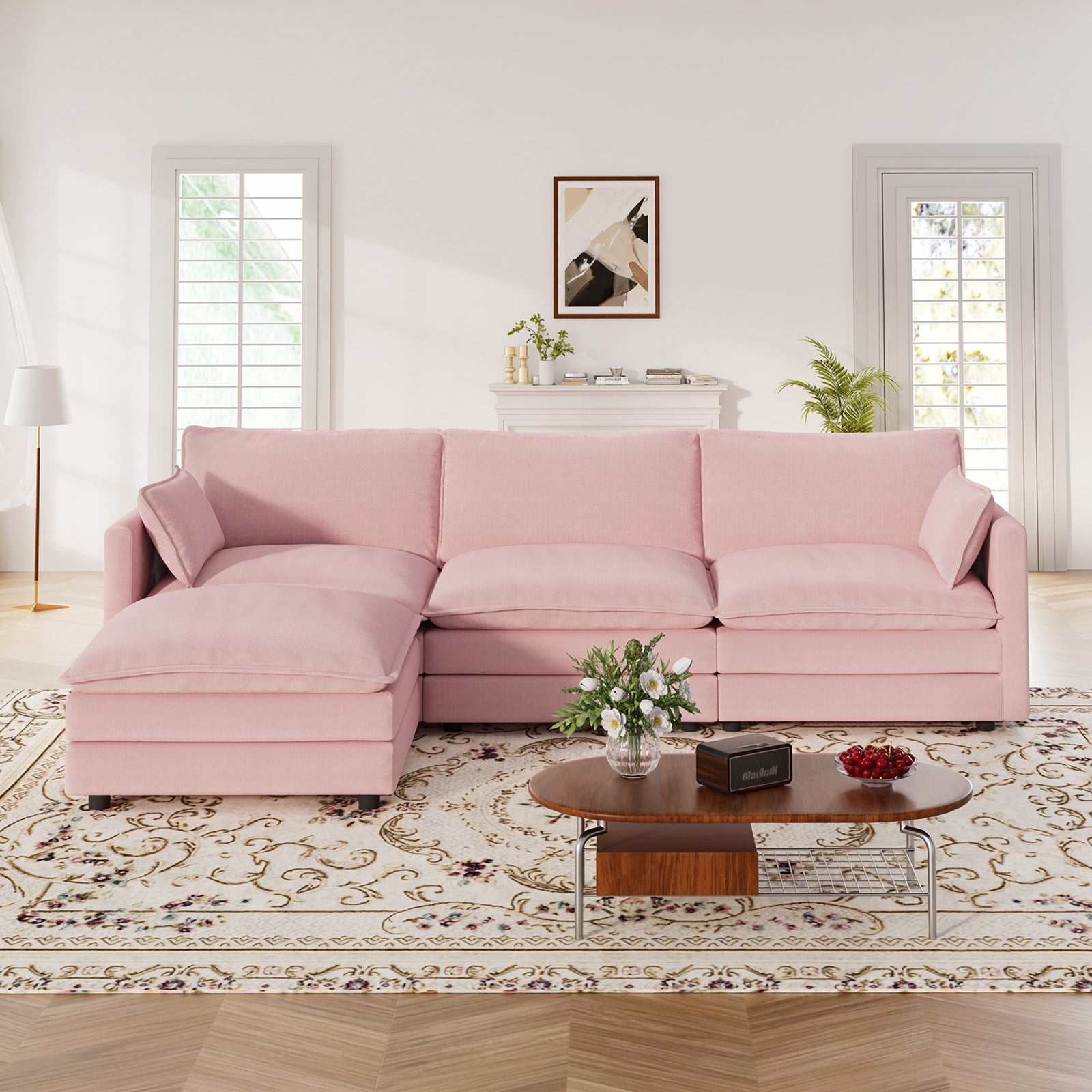 Muumblus Sectional Sofa Cloud Couch with Reversible Ottoman, L-Shaped Chenille Sofa for Living Rooms, Beige