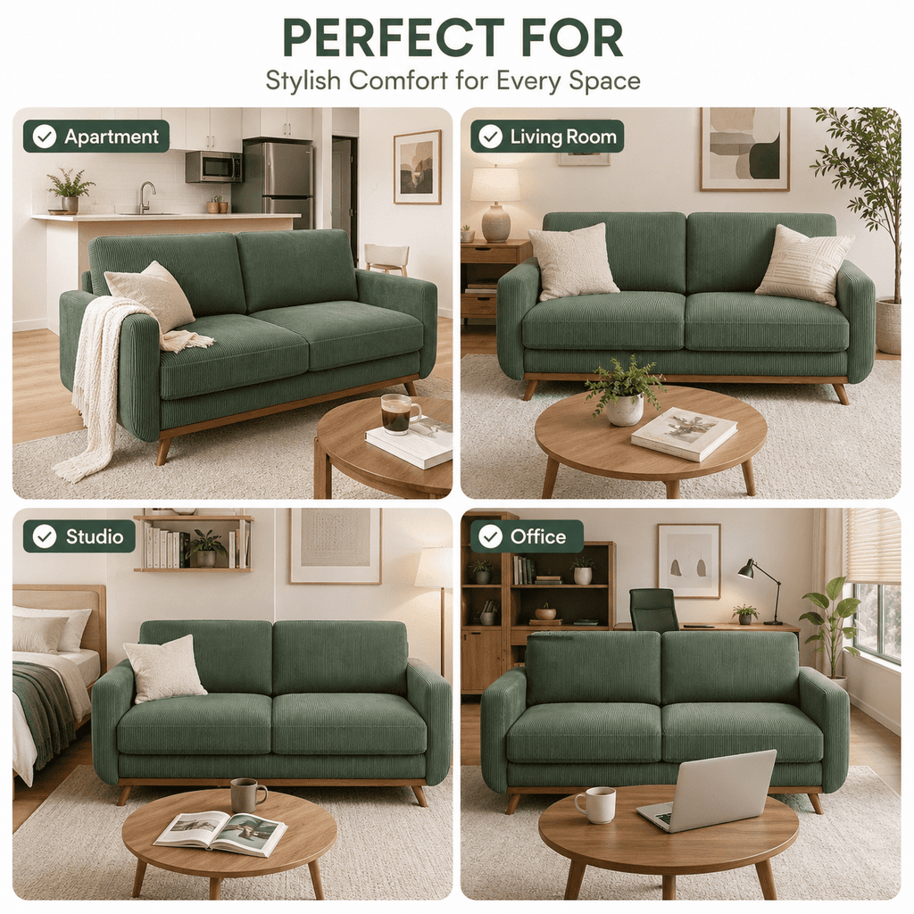 Neche 68 Corduroy Sofa for Living Room, 2 Seater Modern Couch for Small Space Office, Comfy Loveseat in a Box, Green