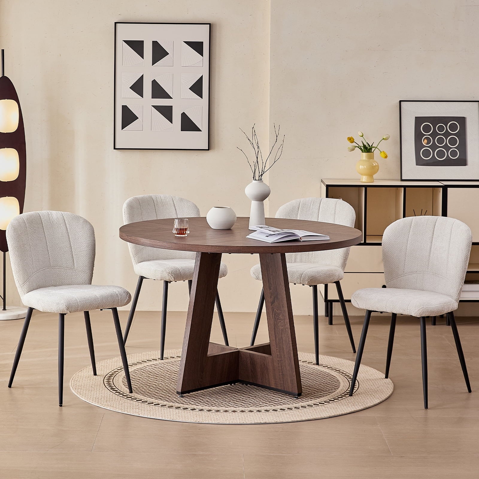 5 Piece 47'' Round Dining Table Chairs Set for 4, Farmhouse Oak Kitchen Table with 4 Boucle Mid Century Modern Dinning Room Chairs, Wood Dinner Table &Upholstered Chair Set of 4, Beige