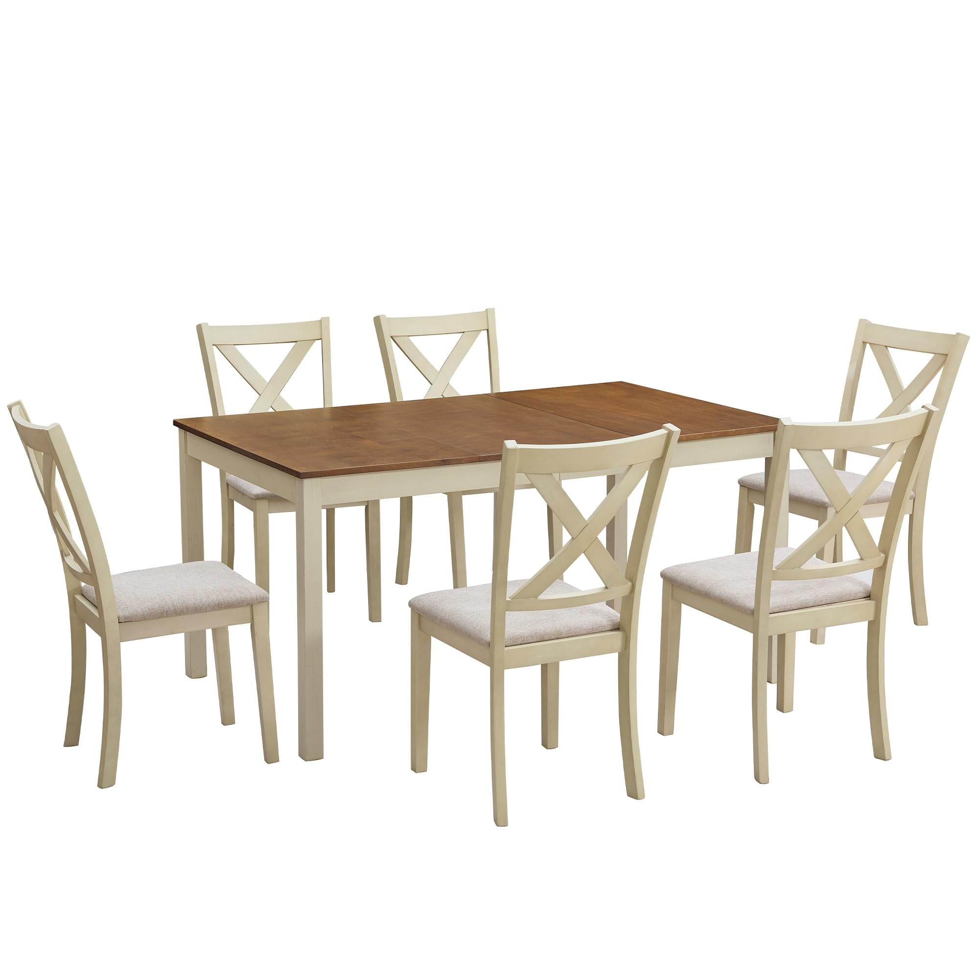 Merluxy 7-Piece Solid Wood Dining Table Set, 60 Farmhouse Dining Table with 6 Chairs, Dining Table Set for 6, Kitchen & Dining Room, Rustic Cream