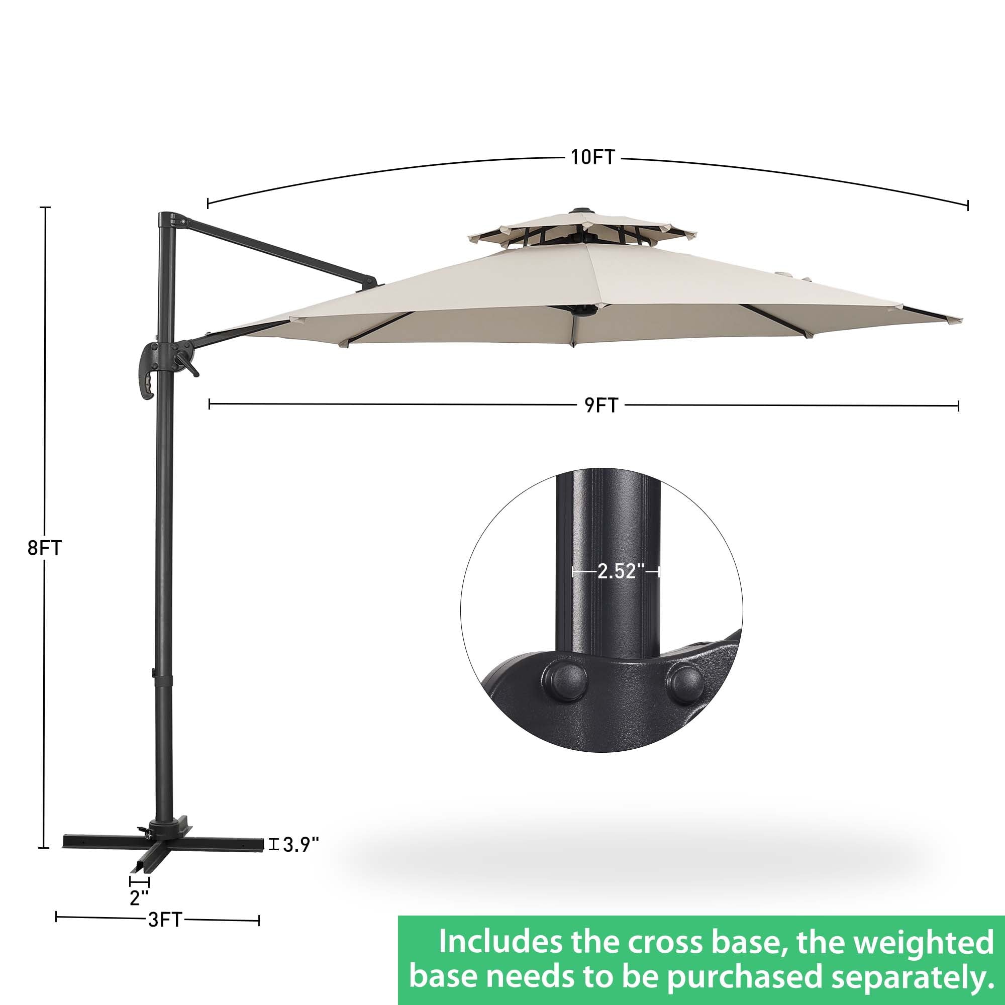 Ainfox 10ft Double Top Heavy-Duty Patio Cantilever Umbrella with lights and Cross Base, Outdoor Large Offset Hanging Aluminum Rotation Sun Shade Solar Umbrella with 360°Rotation Adjustable,Khaki