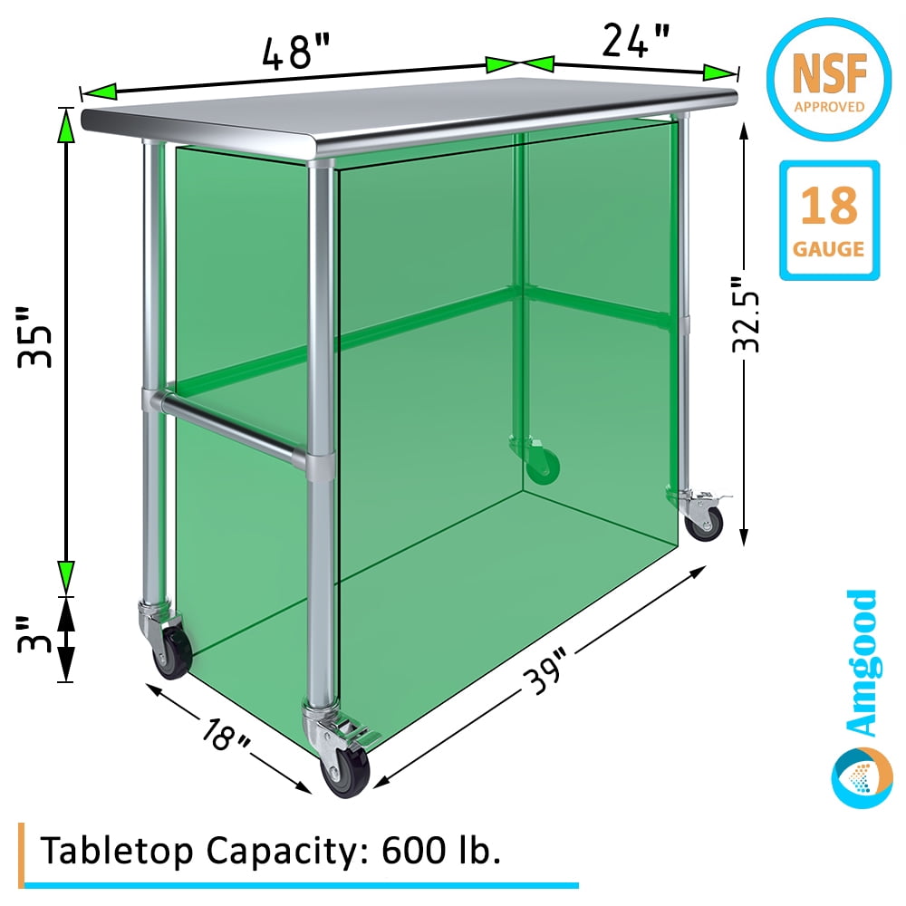 AmGood 36 Long x 30 Deep Stainless-Steel Work Table with Open Base and Wheels, Mobile Metal Table