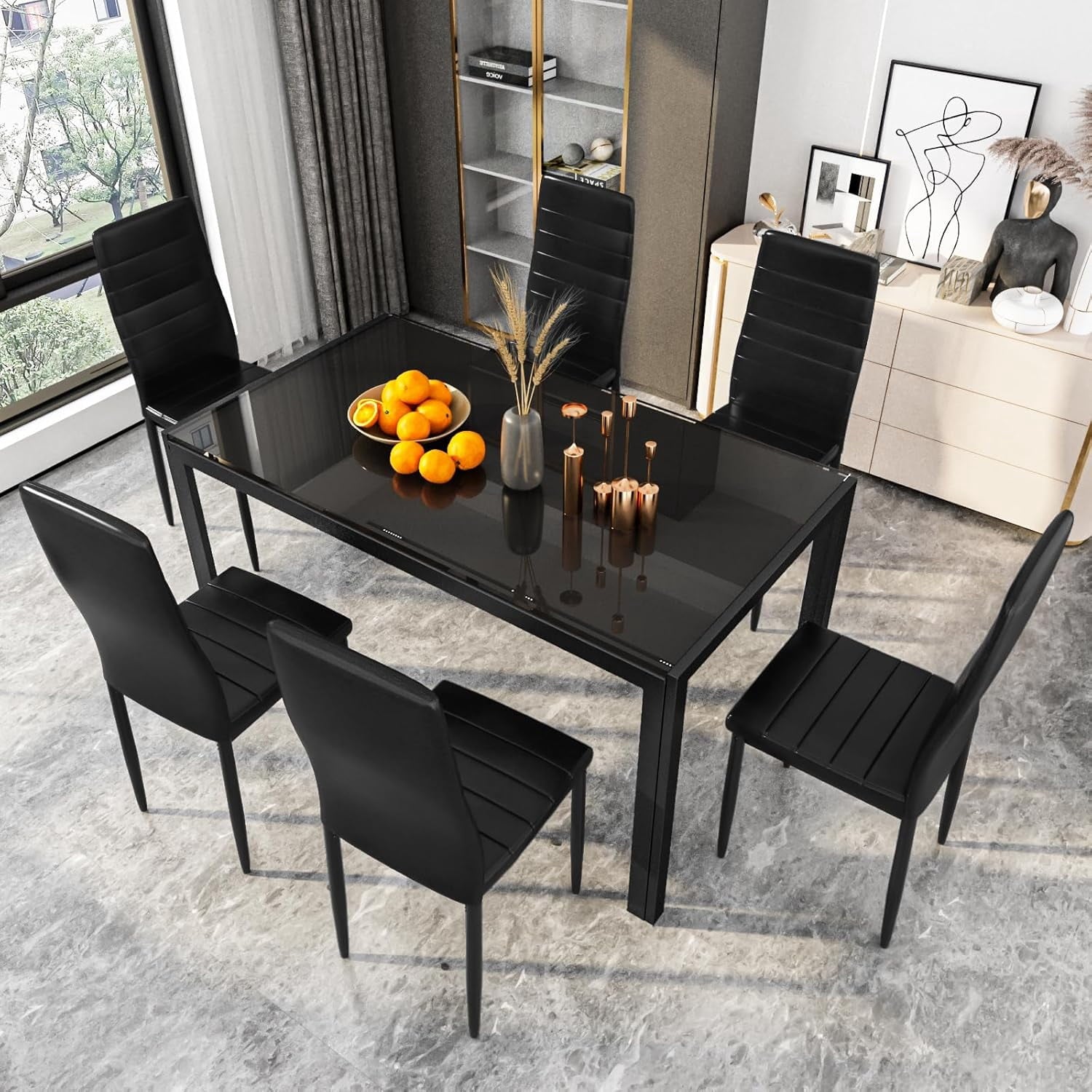 LinkRomat 7-Piece Glass Dining Table Set for 6, Modern Kitchen Table with PU Leather Chairs, Black Dining Room Table and Chairs Set for Small Space, Apartment